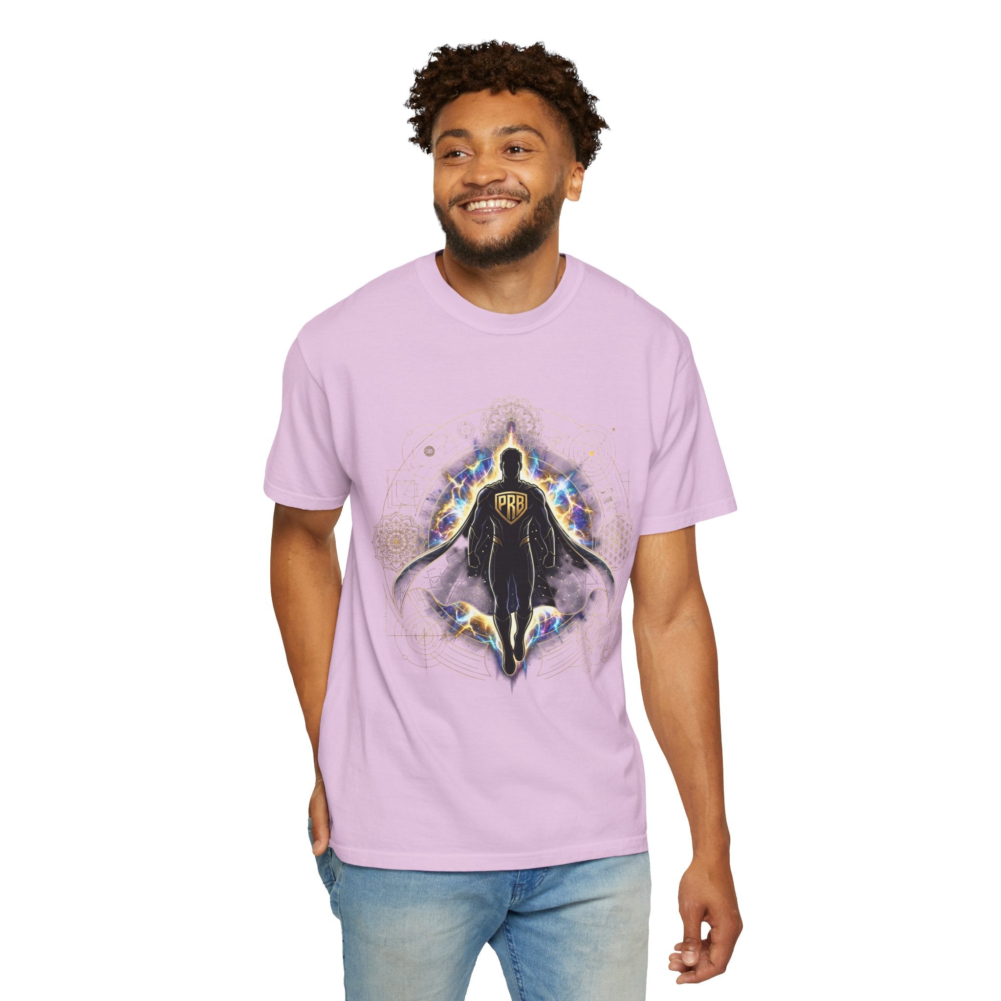 PRB Mystic Cloaked Hero Graphic T-Shirt | Cosmic Aura Geometric Streetwear Tee by Printify