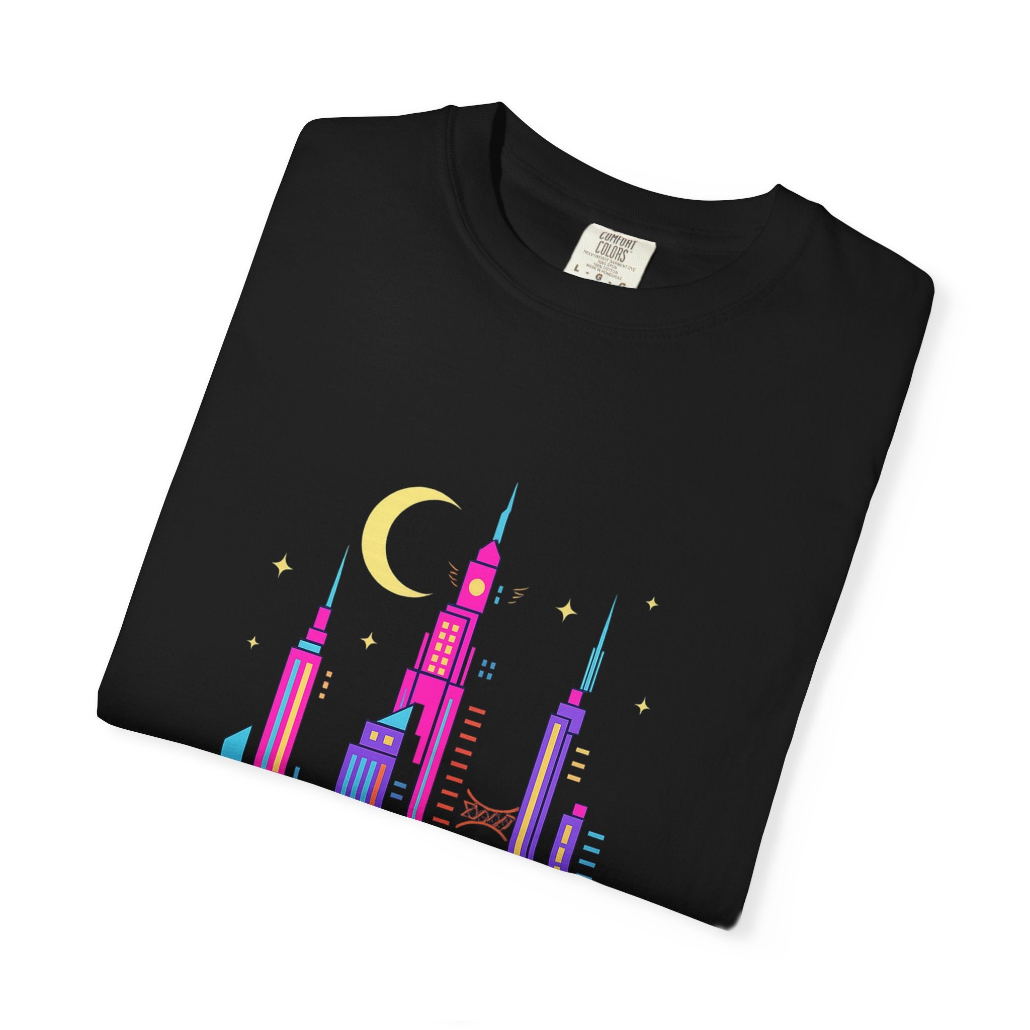Power Runs Black PRB Neon City Skyline T-shirt | Vibrant Urban Nightscape Tee by Printify