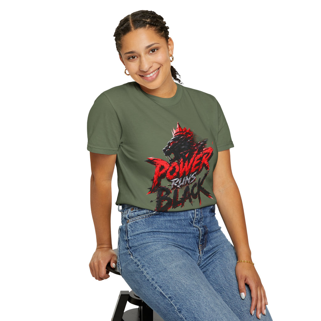 Power Runs Black T-shirt | Wolf Silhouette, Red Black Graphic Tee by Power Runs Black