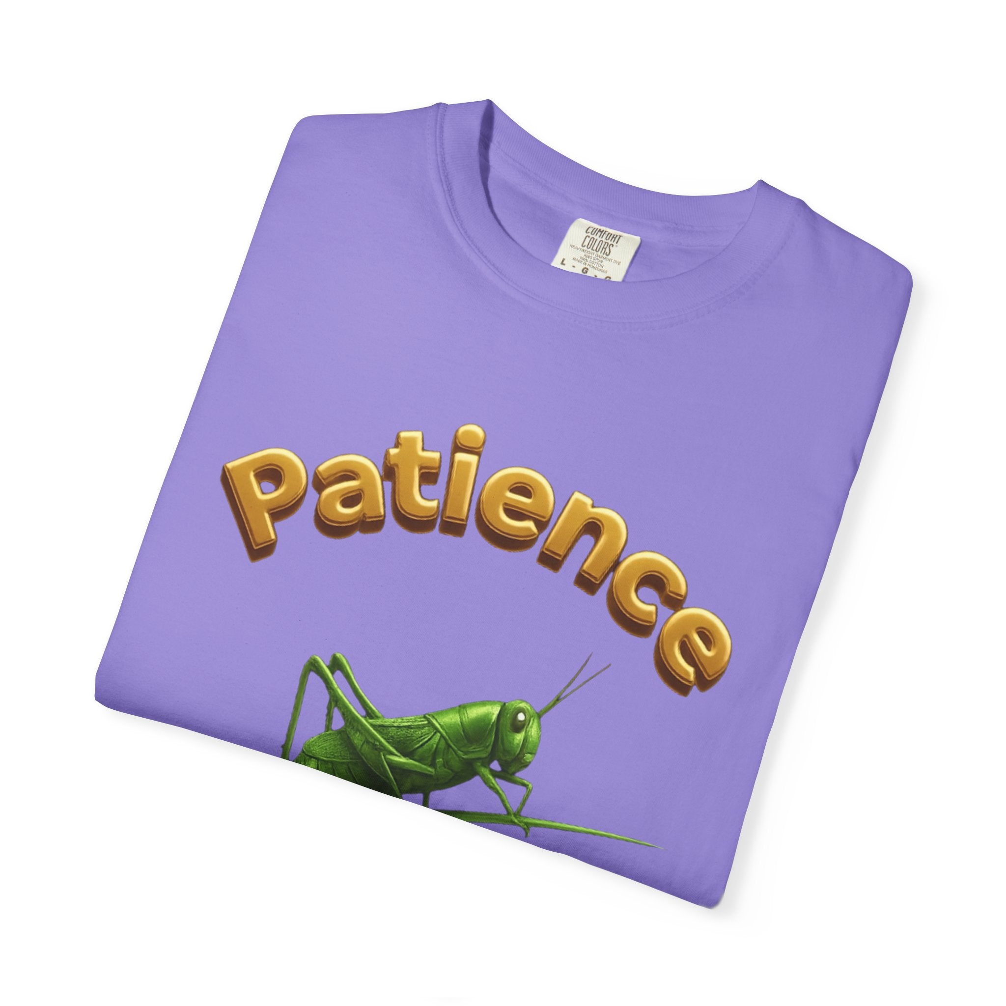 PRB Patience Grasshopper T-shirt | Green Grasshopper Illustration, Positive Quote by Power Runs Black