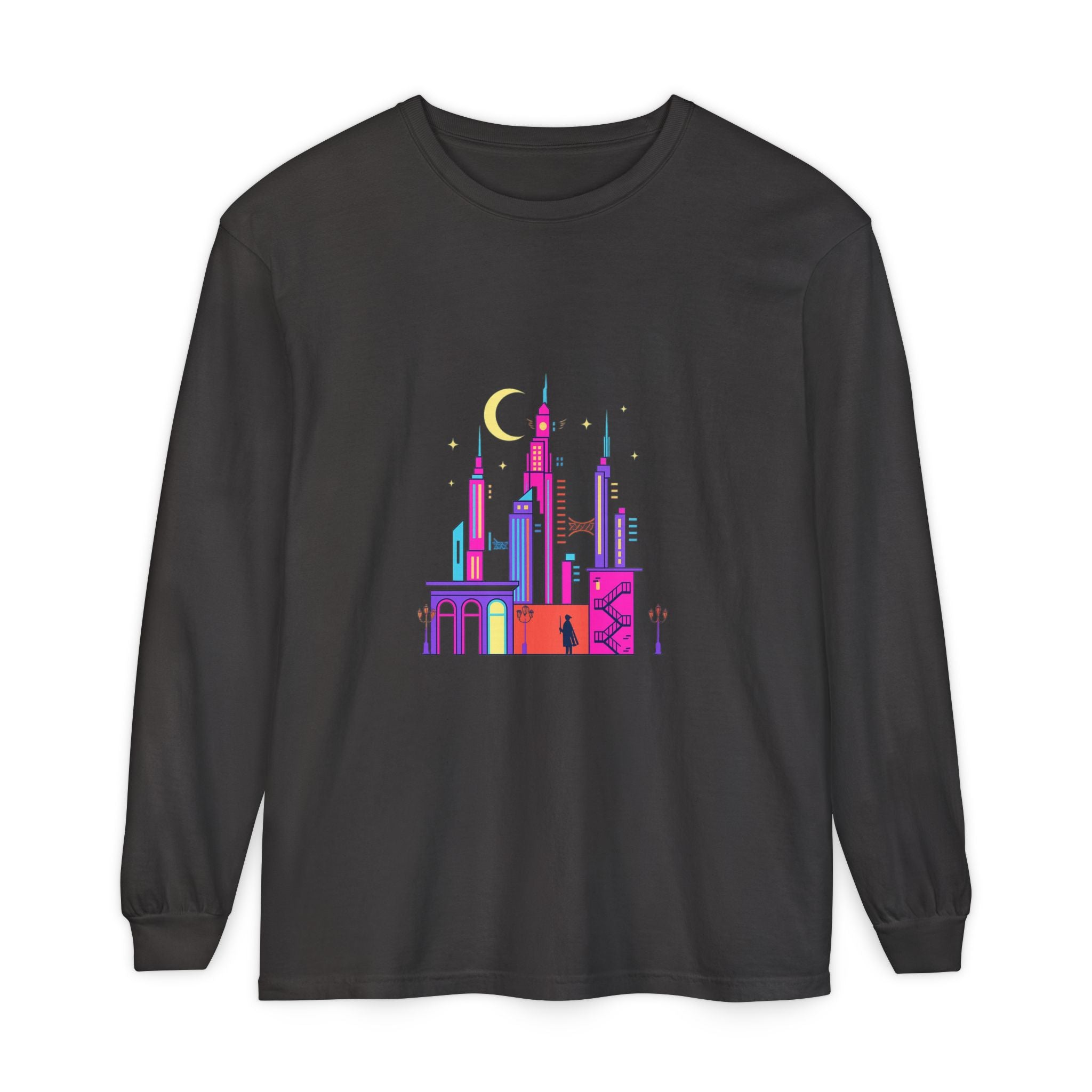 PRB Neon City Skyline Long Sleeve Shirt | Urban Nightscape Illustration by Power Runs Black