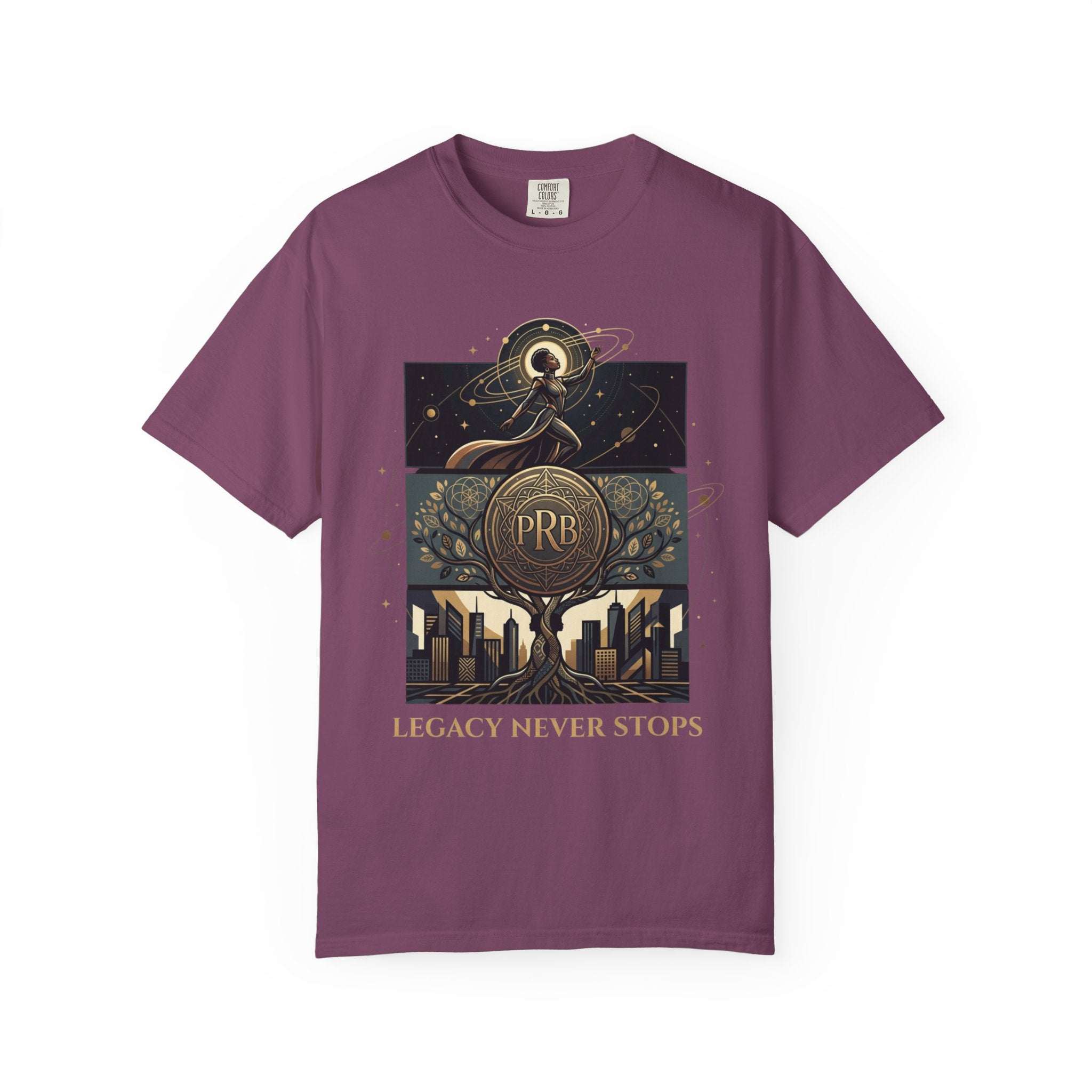 PRB Legacy Never Stops Graphic T-Shirt | Art Deco City Skyline Tee by Printify
