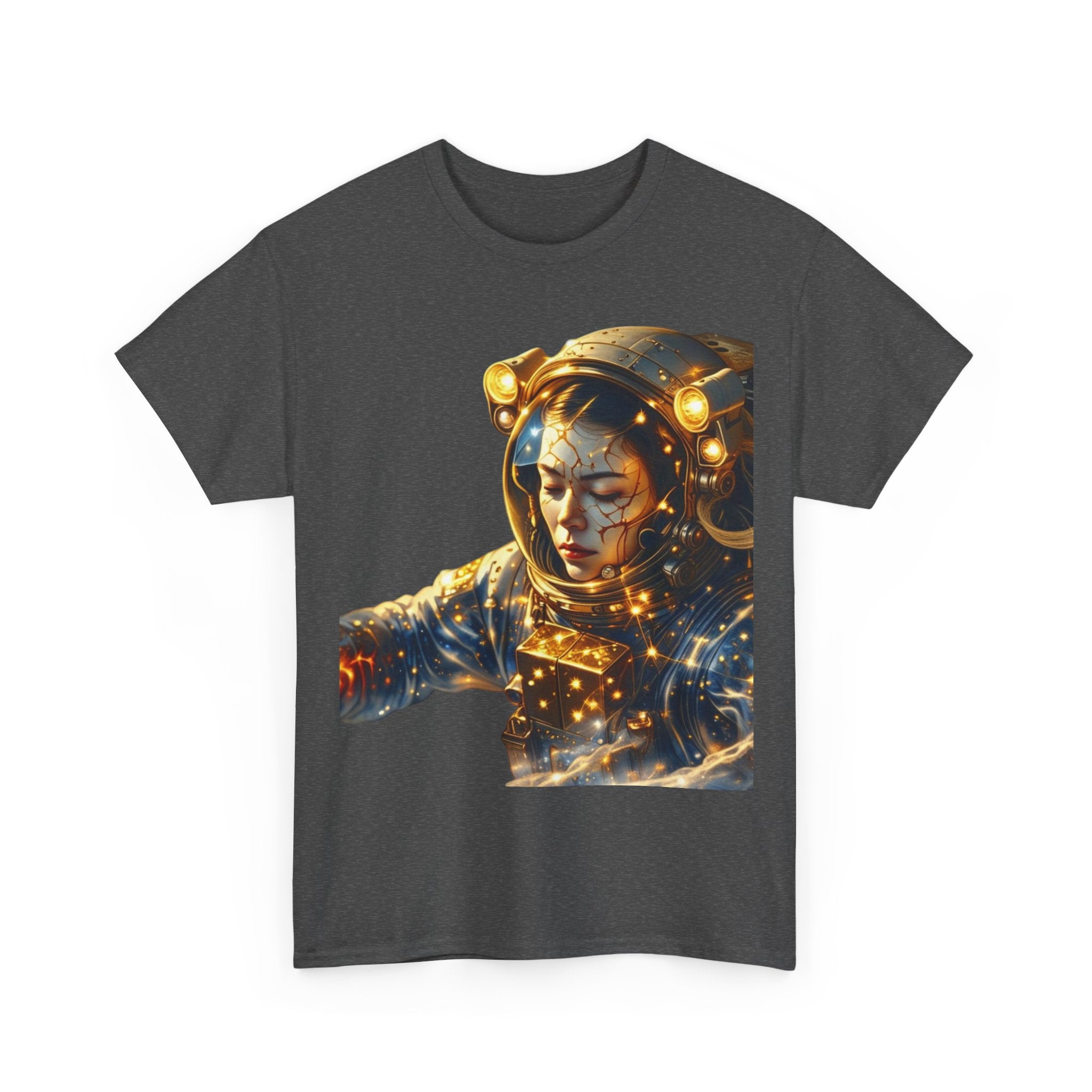 PRB Golden Astronaut Portrait T-Shirt | Space Helmet Art, Cosmic Lights by Power Runs Black