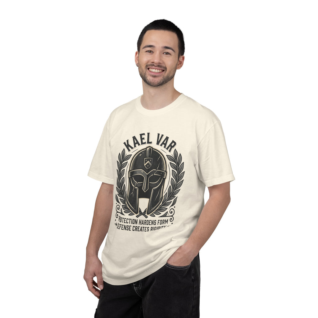 Power Runs Black PRB Kael Var Helmet Graphic T-Shirt — "Protection Hardens Form" Warrior Tee by Printify