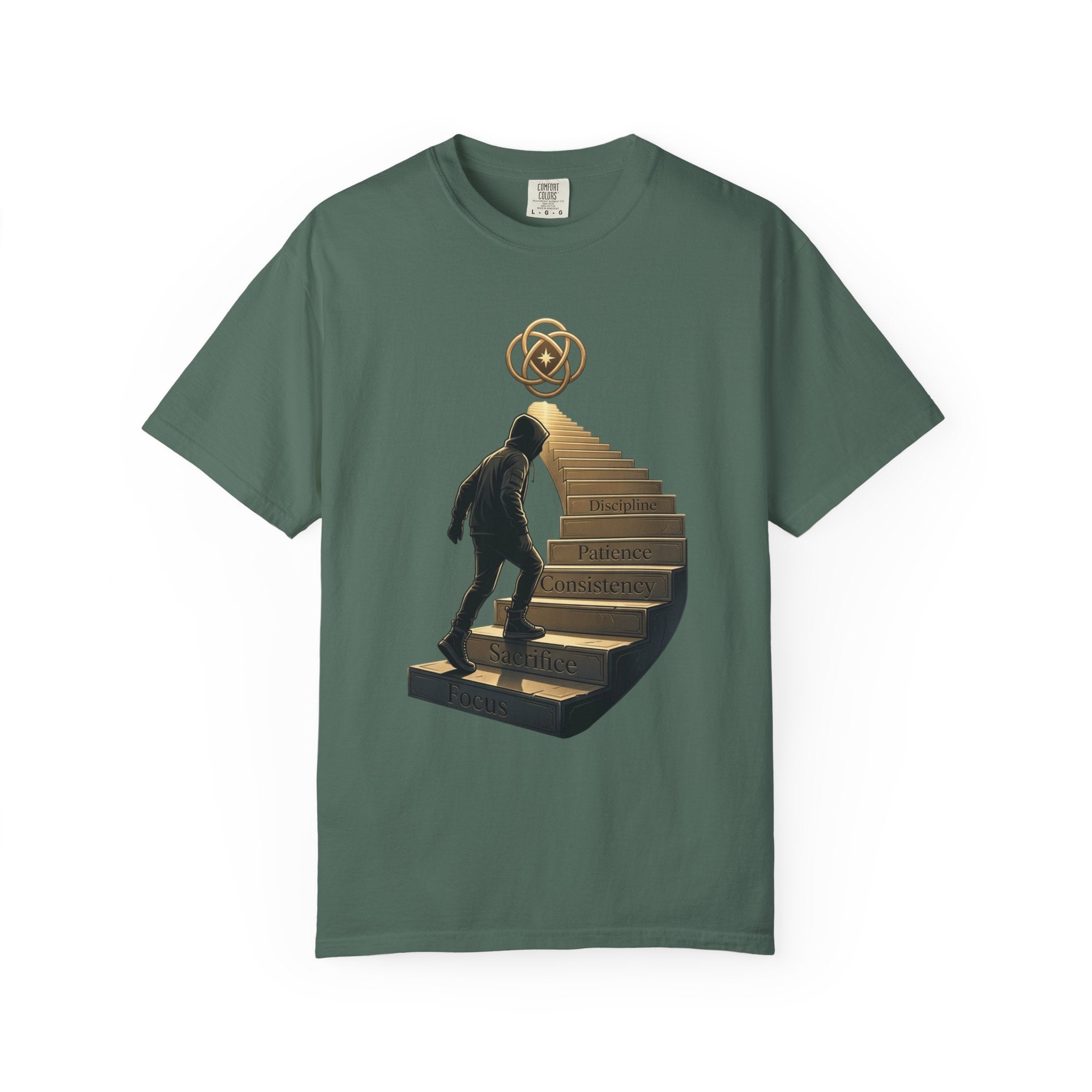 Printify PRB Stairway of Growth T-Shirt | Person Ascending Steps with Symbols - T-Shirt