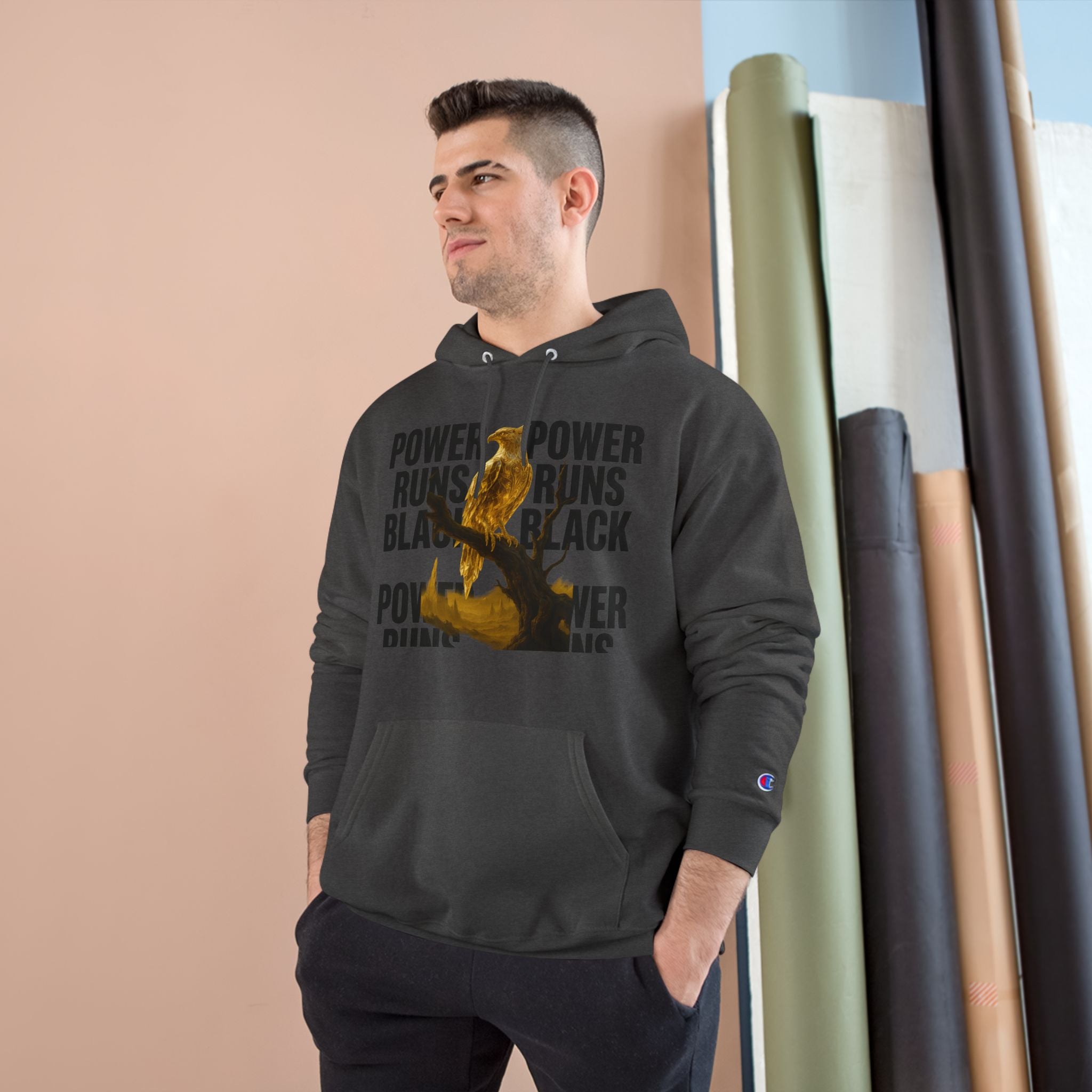 PRB Champion Hoodie — 'Power Runs Black' Golden Bird Graphic Pullover by Power Runs Black