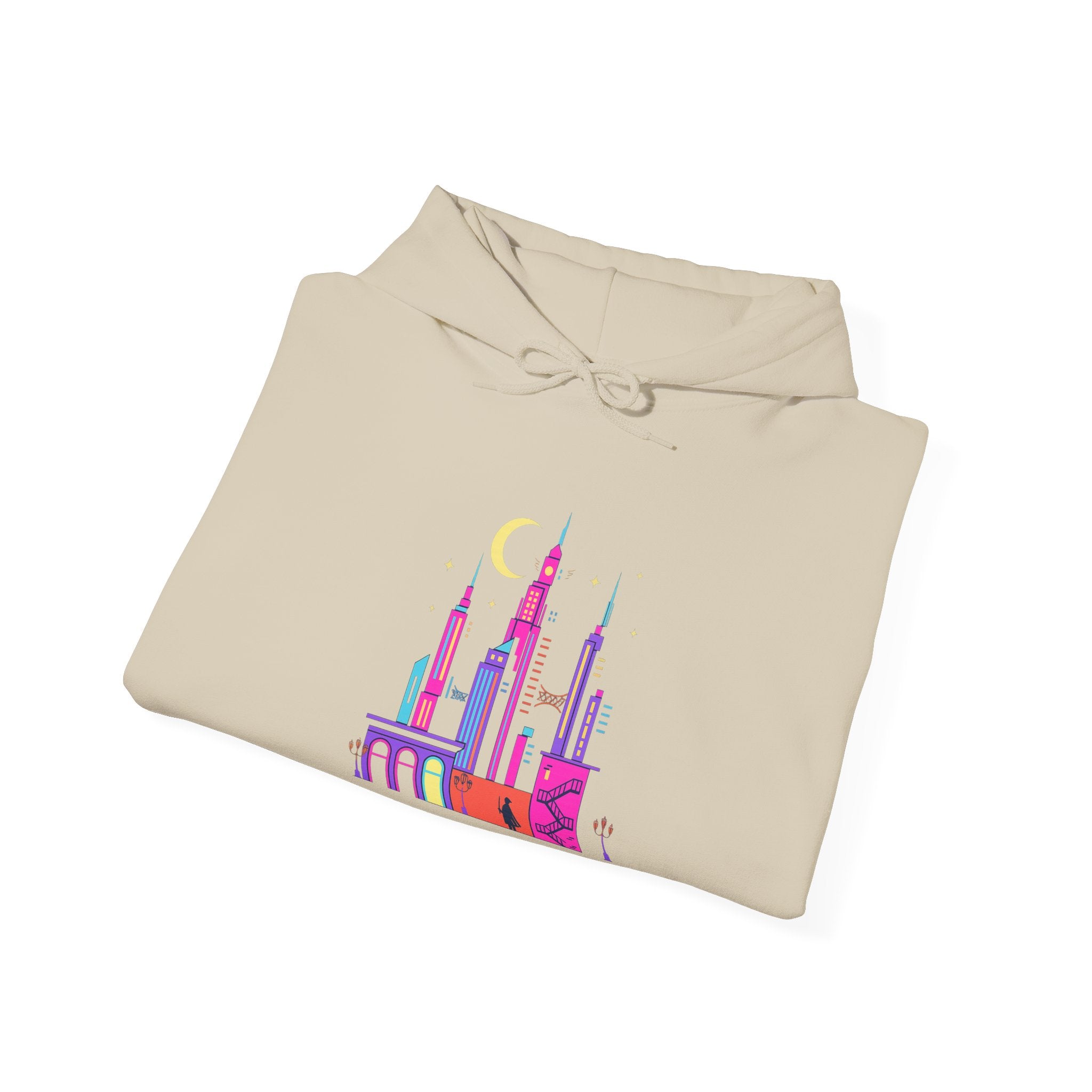 PRB Colorful City Skyline Hoodie – Vibrant Nighttime Urban Graphic by Printify