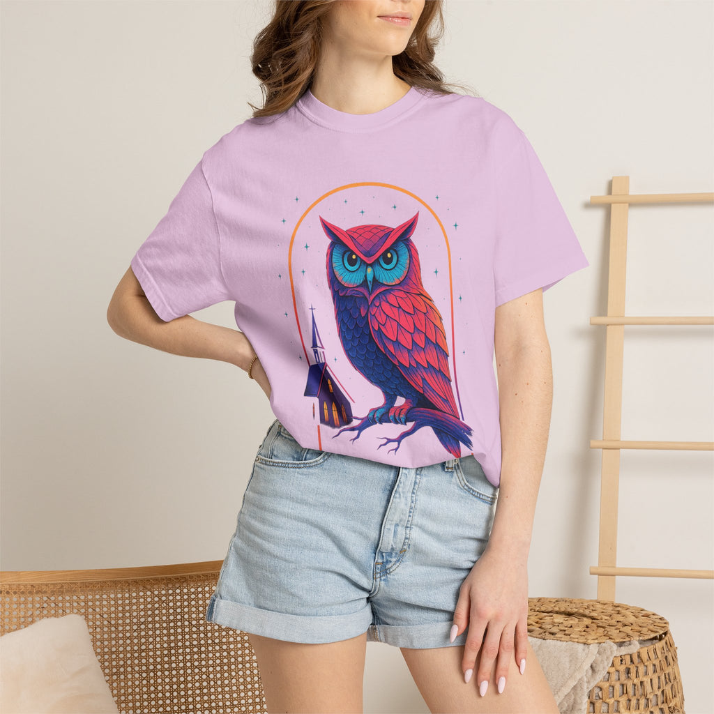 Neon Owl Illustration T-Shirt | Night Church Graphic Tee by Printify