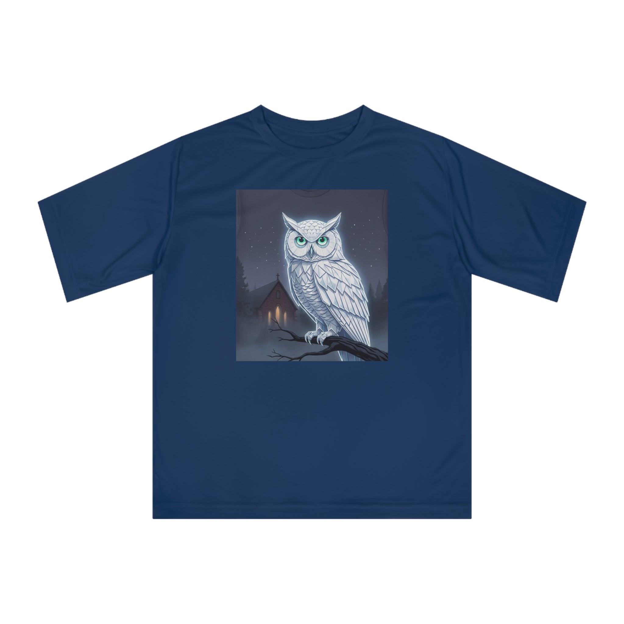 PRB White Snowy Owl Illustration T-shirt | Moonlit Night, Cabin Scene by Power Runs Black