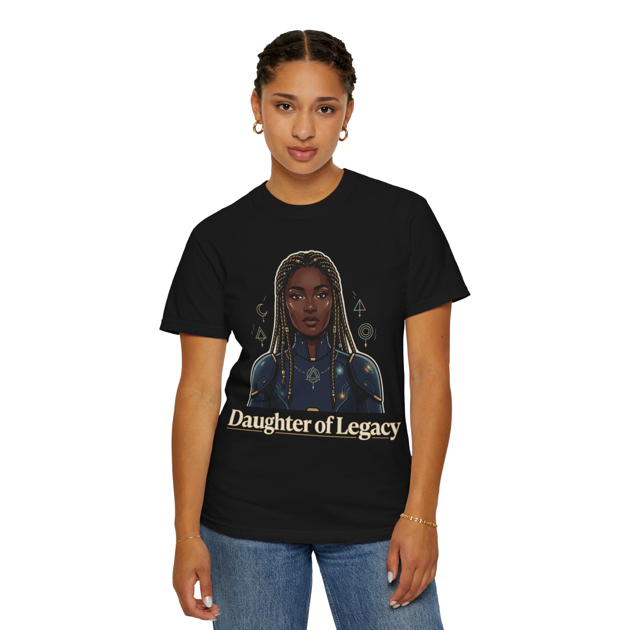 Power Runs Black Daughter of Legacy Graphic T-Shirt | Black Girl Magic Portrait Tee by Printify