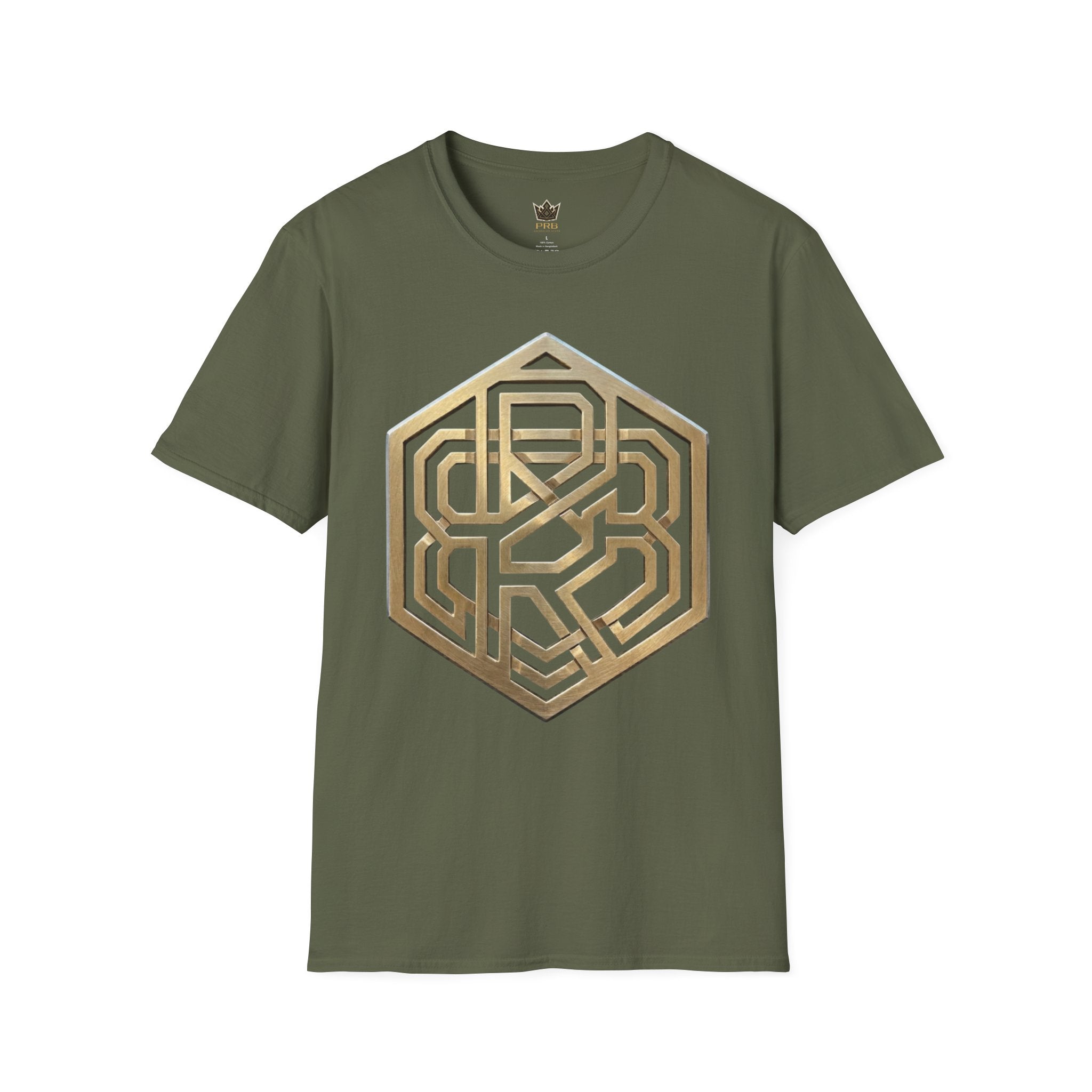Power Runs Black PRB Geometric Gold Hexagon T-Shirt — Modern Maze Logo Tee by Power Runs Black