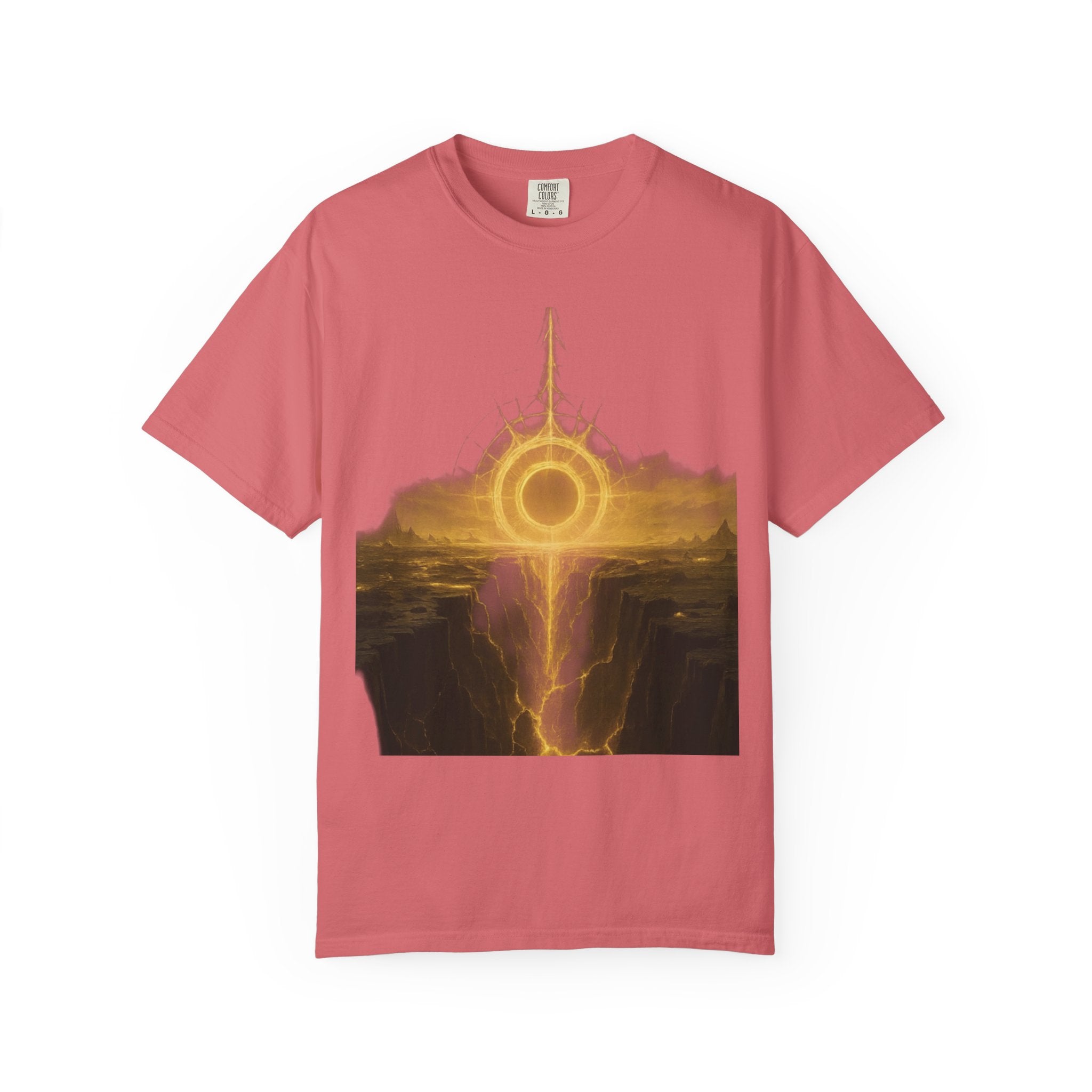 Power Runs Black PRB Golden Eclipse Portal T-shirt | Fantasy Landscape, Mystic Ring, Tower Art by Power Runs Black