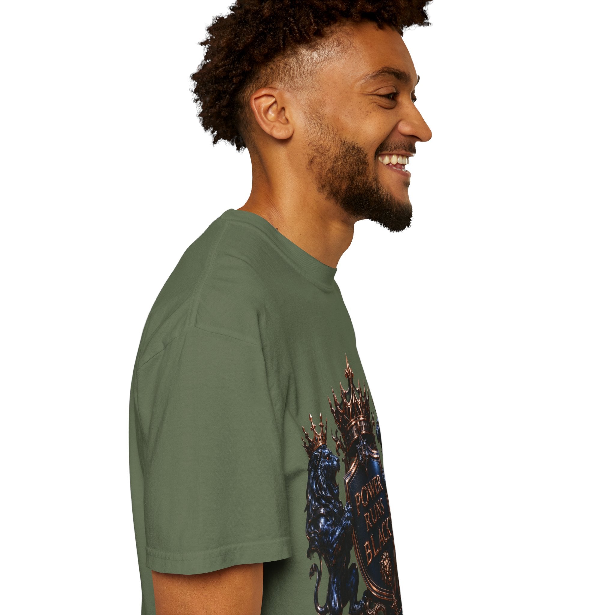 Power Runs Black Crest T-shirt | Heraldic Lion Shield Tee by Power Runs Black