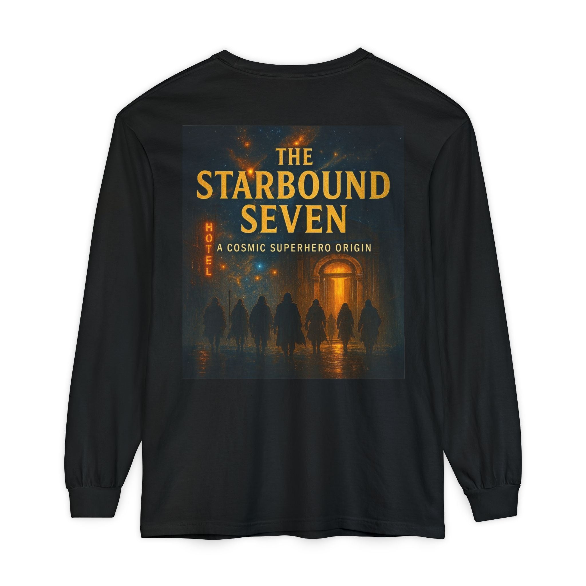 PRB The Starbound Seven graphic long sleeve shirt | cosmic superhero poster by Power Runs Black