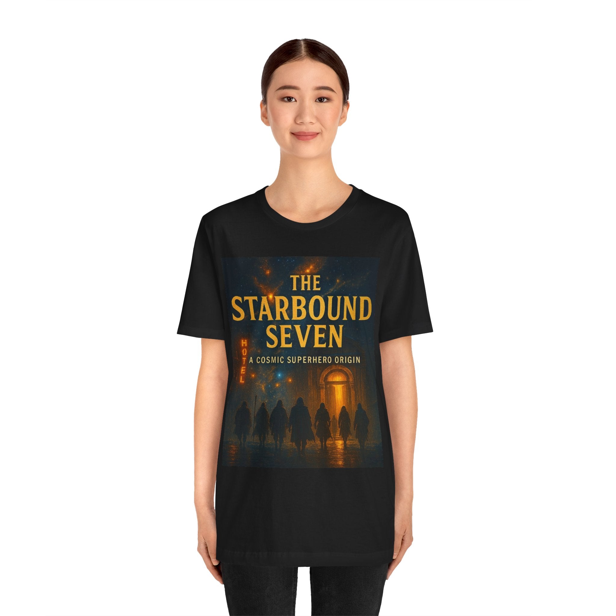 Power Runs Black PRB The Starbound Seven Tee – Retro Cosmic Superhero Poster Shirt by Power Runs Black