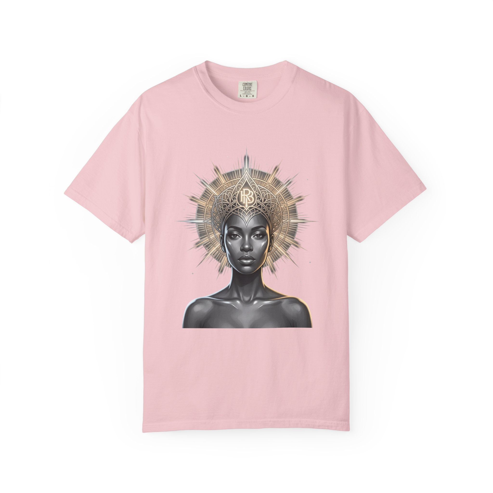 Printify PRB Goddess Halo T‑Shirt — Black Goddess Portrait with Ornate Gold Headdress - T-Shirt