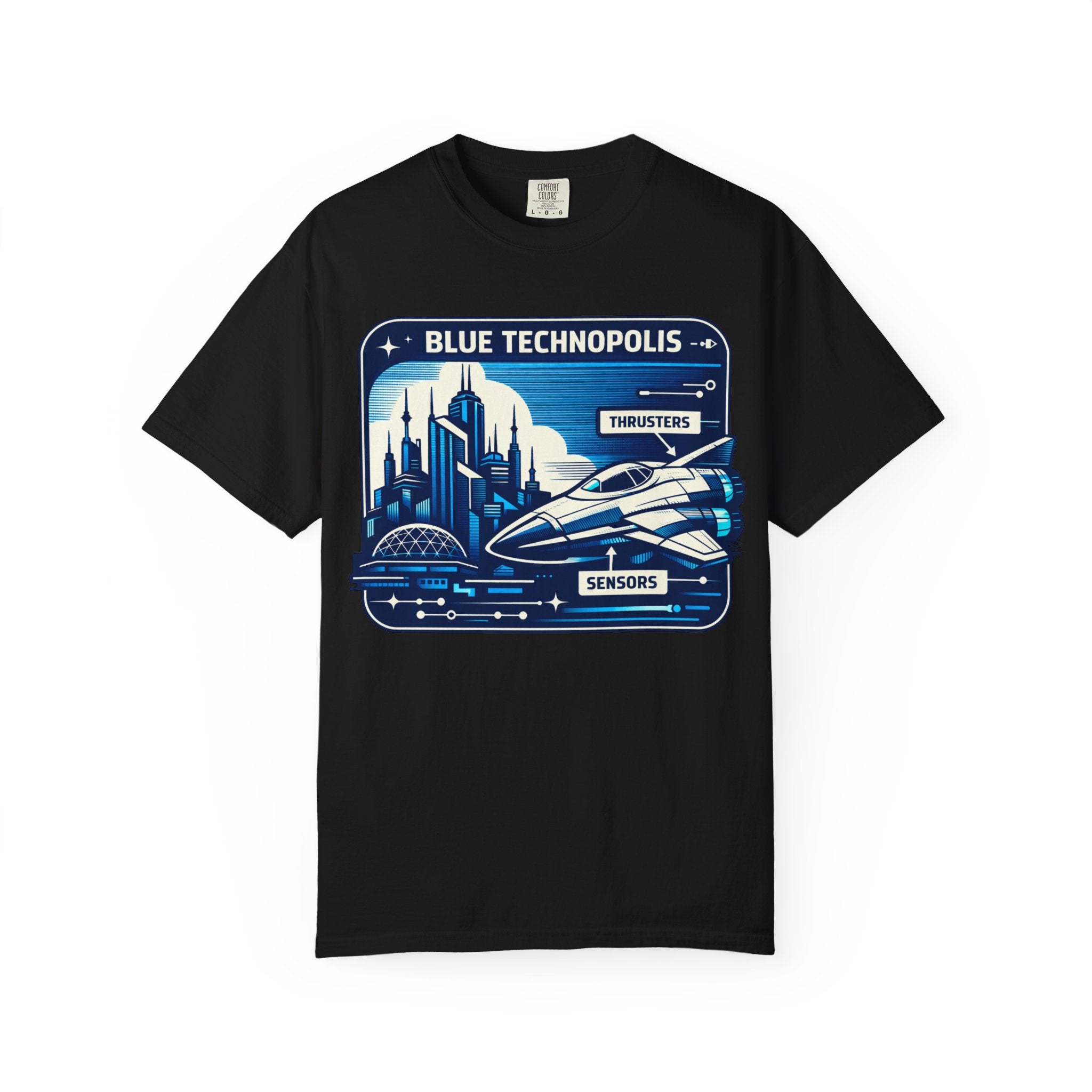 Power Runs Black PRB Technopolis Spacecraft T-Shirt — Blue Technopolis Retro Sci‑Fi Tee by Printify