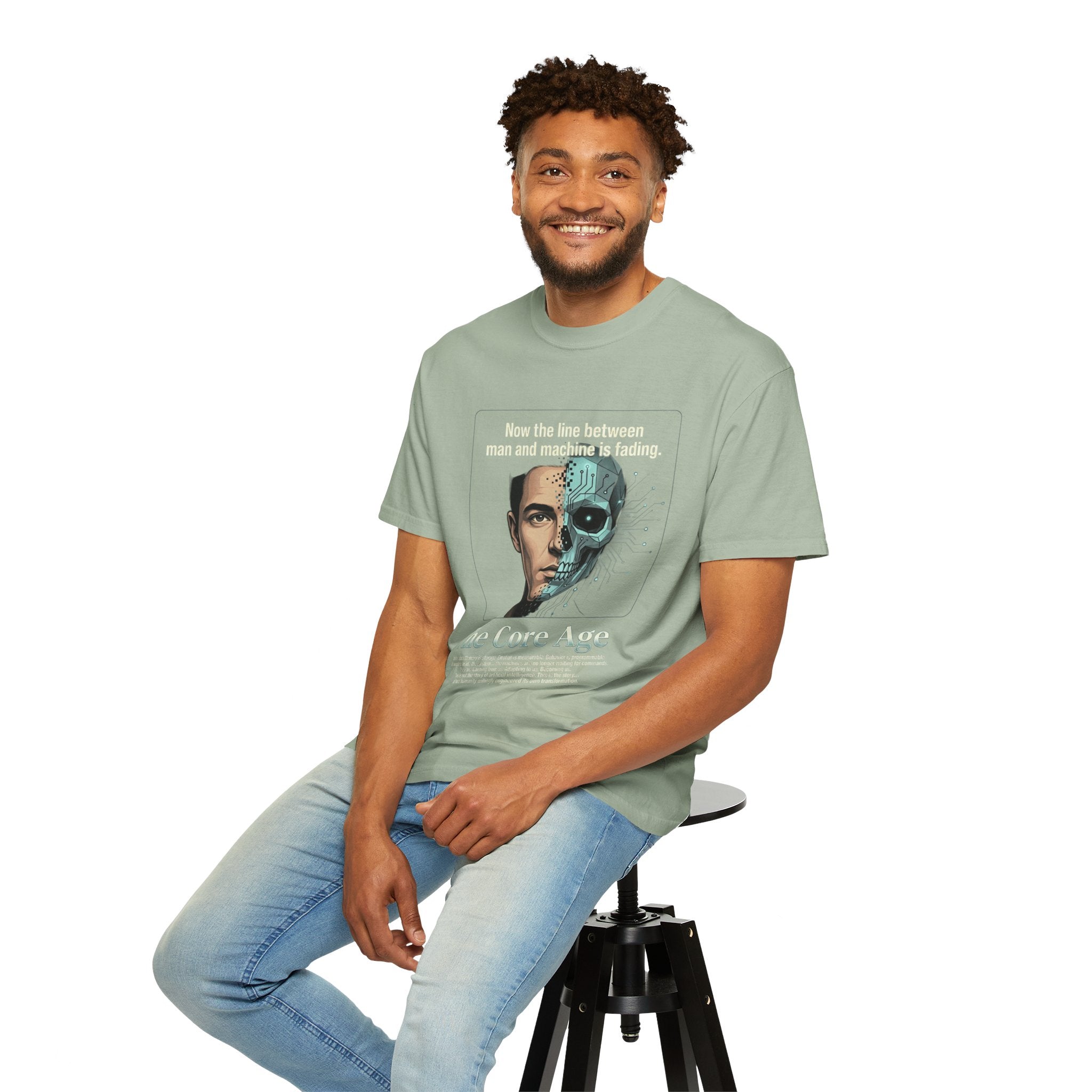 Power Runs Black AI Fusion Graphic T-Shirt — "The Core Age" Split Face Design by Power Runs Black
