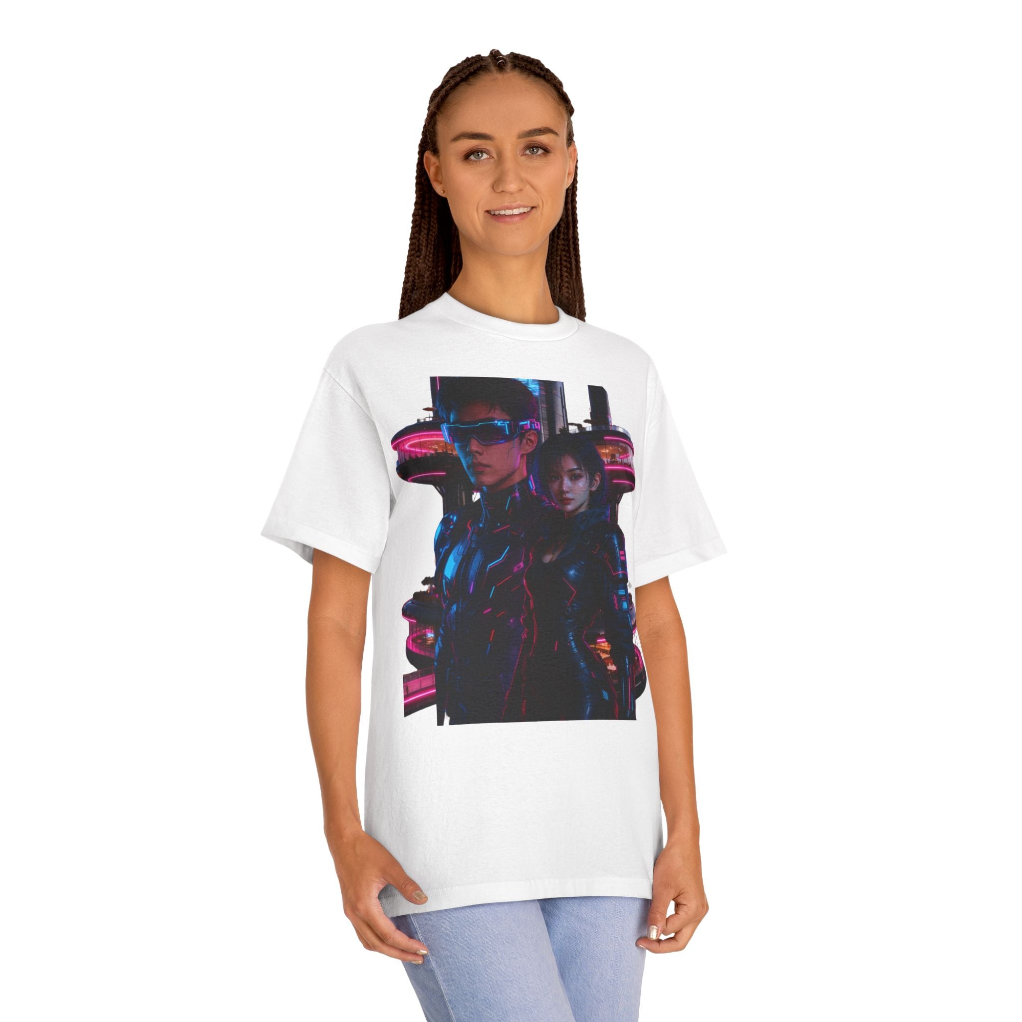 PRB Neon Tokyo Cyberpunk Couple T-Shirt | Futuristic Neon City Illustration by Printify