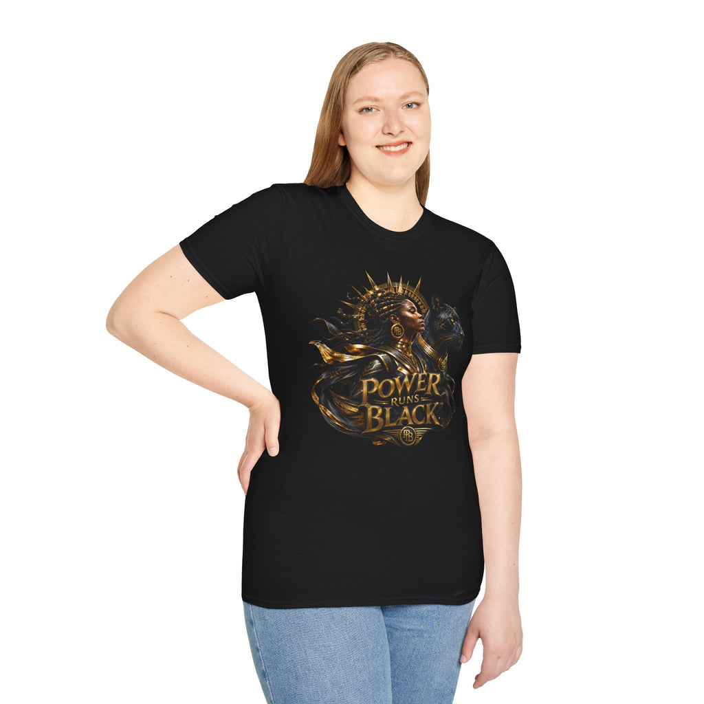 Power Runs Black PRB | Black Woman Portrait, Gold Accents Panther Graphics T by Printify