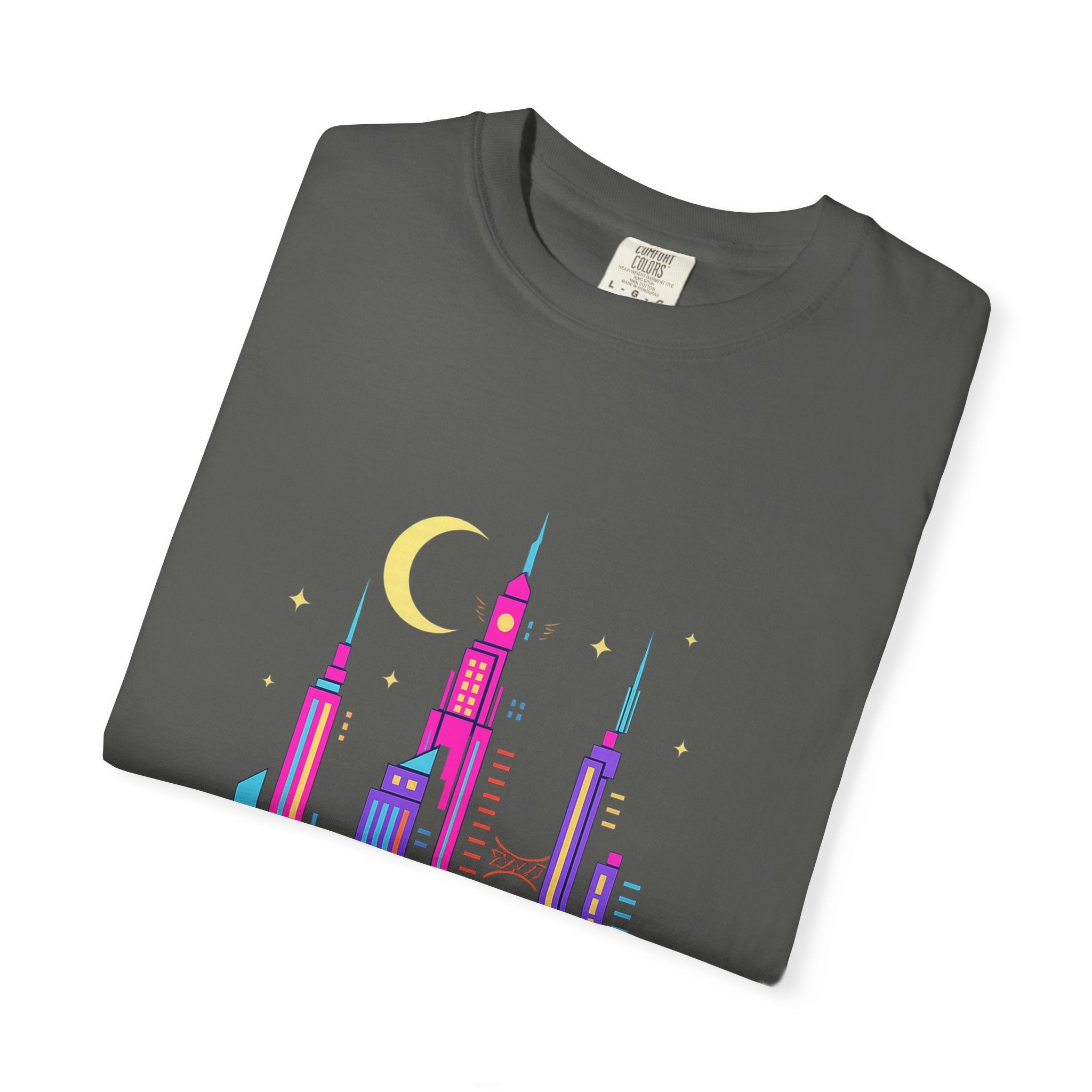 PRB Neon City Skyline T-shirt | Vibrant Urban Nightscape Tee by Power Runs Black