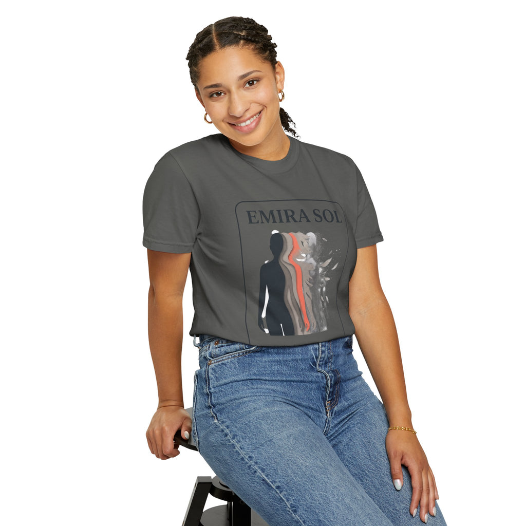 Power Runs Black PRB Emira Sol Graphic T-Shirt — Silhouette Art "Release Shadows" Tee by Printify