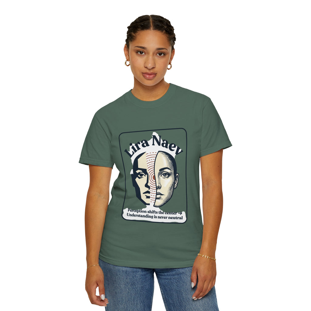 Power Runs Black PRB Lira Naev Split-Face Graphic T-Shirt — “Perception shifts the center” Statement Tee by Power Runs Black