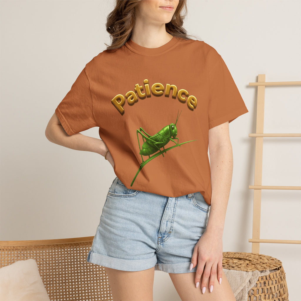 PRB Patience Grasshopper T-shirt | Green Grasshopper Illustration, Positive Quote by Printify