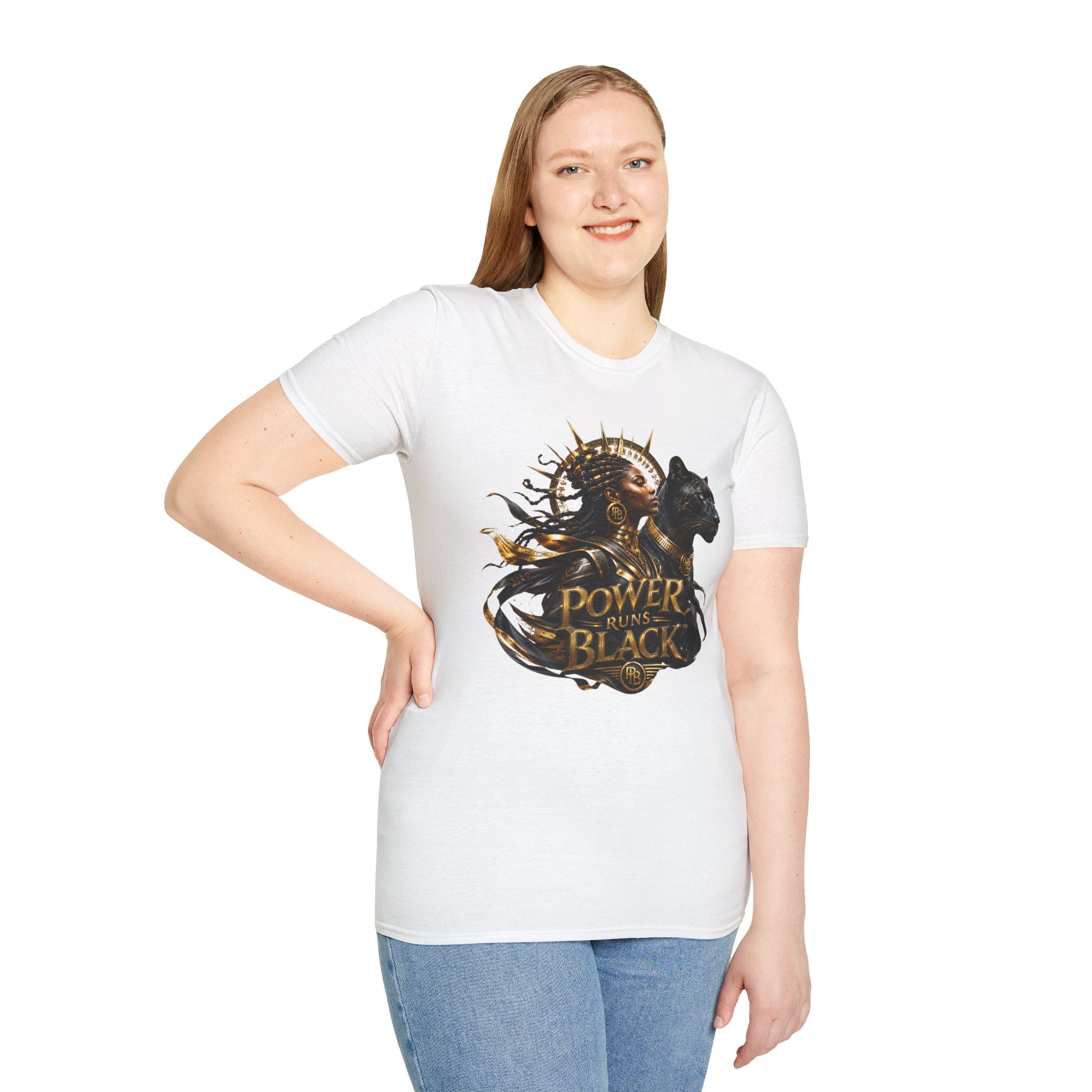 Power Runs Black PRB | Black Woman Portrait, Gold Accents Panther Graphics T by Printify