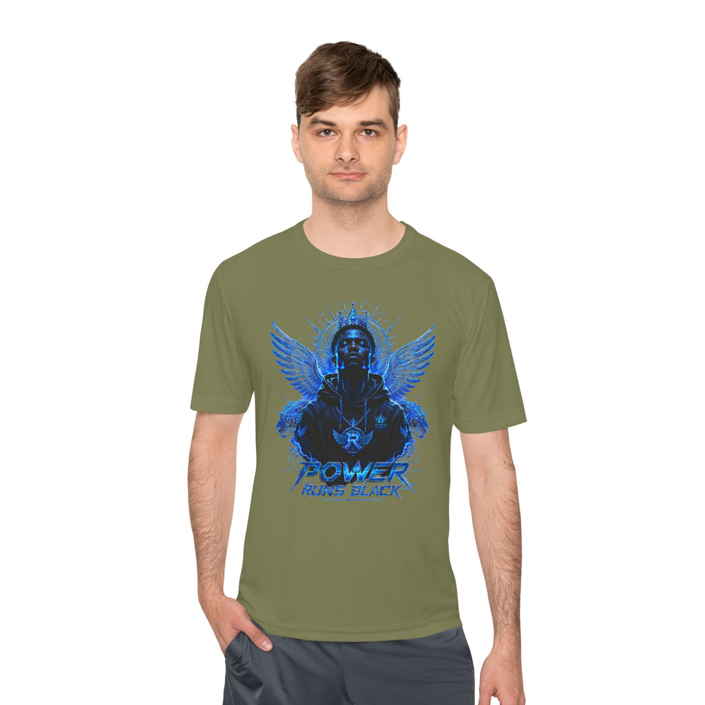 Power Runs Black graphic Tee | Blue angel wings, armored figure, bold script by Power Runs Black