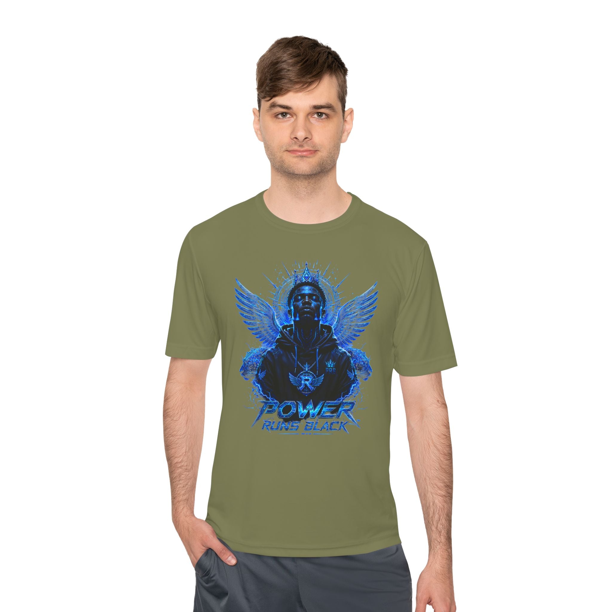 Power Runs Black graphic Tee | Blue angel wings, armored figure, bold script by Power Runs Black