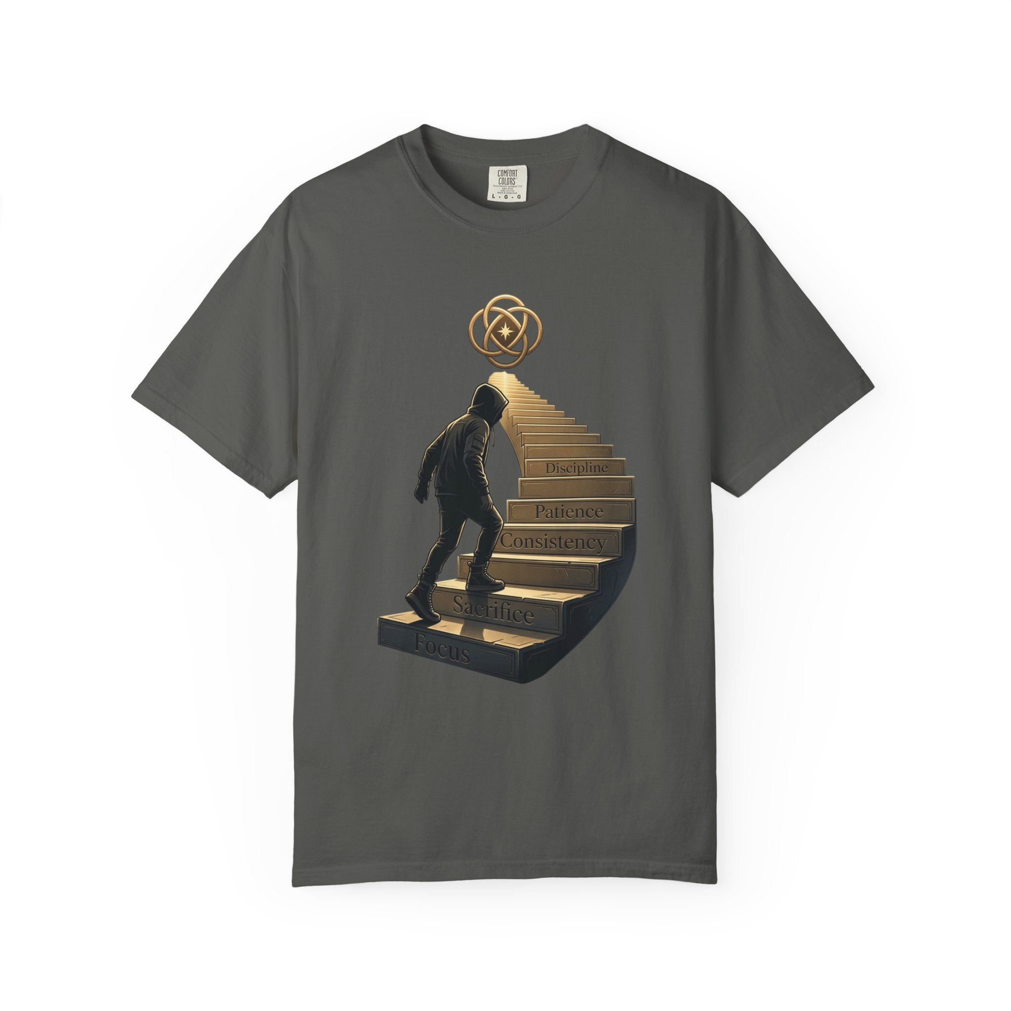 Printify PRB Stairway of Growth T-Shirt | Person Ascending Steps with Symbols - T-Shirt
