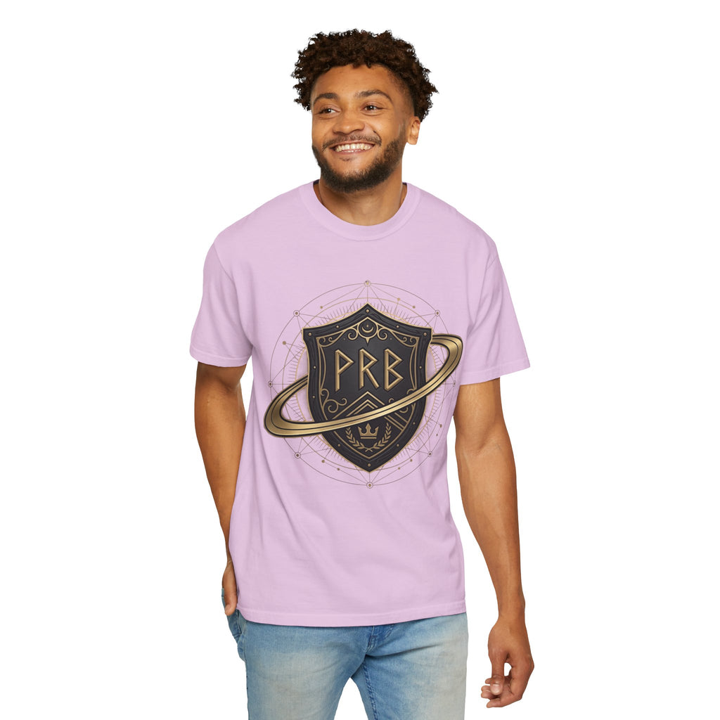 Power Runs Black Astral Crest Shield PRB T-Shirt | Saturn Ring Emblem, Gothic Heraldry by Printify