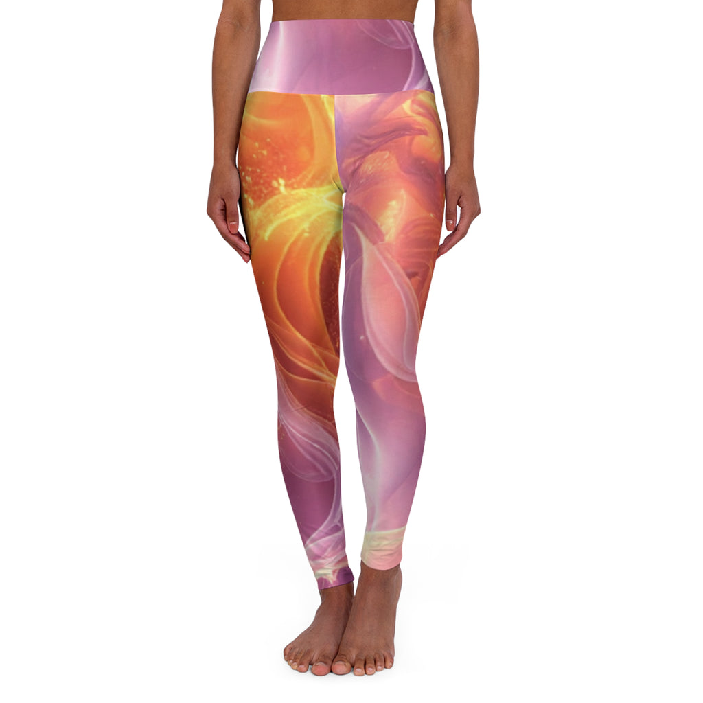 Power Runs Black Abstract Swirl Pattern High Waisted Leggings | Marbleized Pink Orange by Power Runs Black