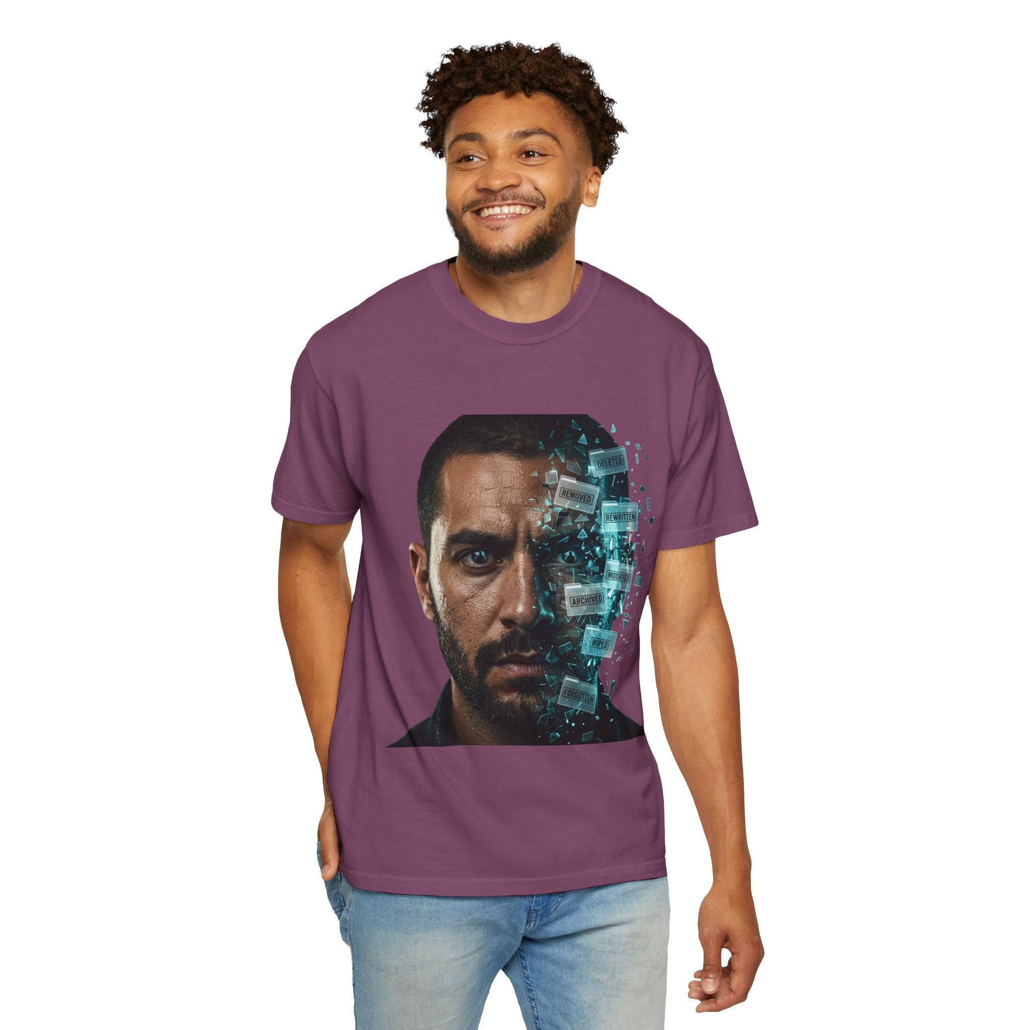 Syndication Loop Cyberpunk Portrait Tee — Tech-Noir Graphic T-Shirt | Power Runs Black by Printify