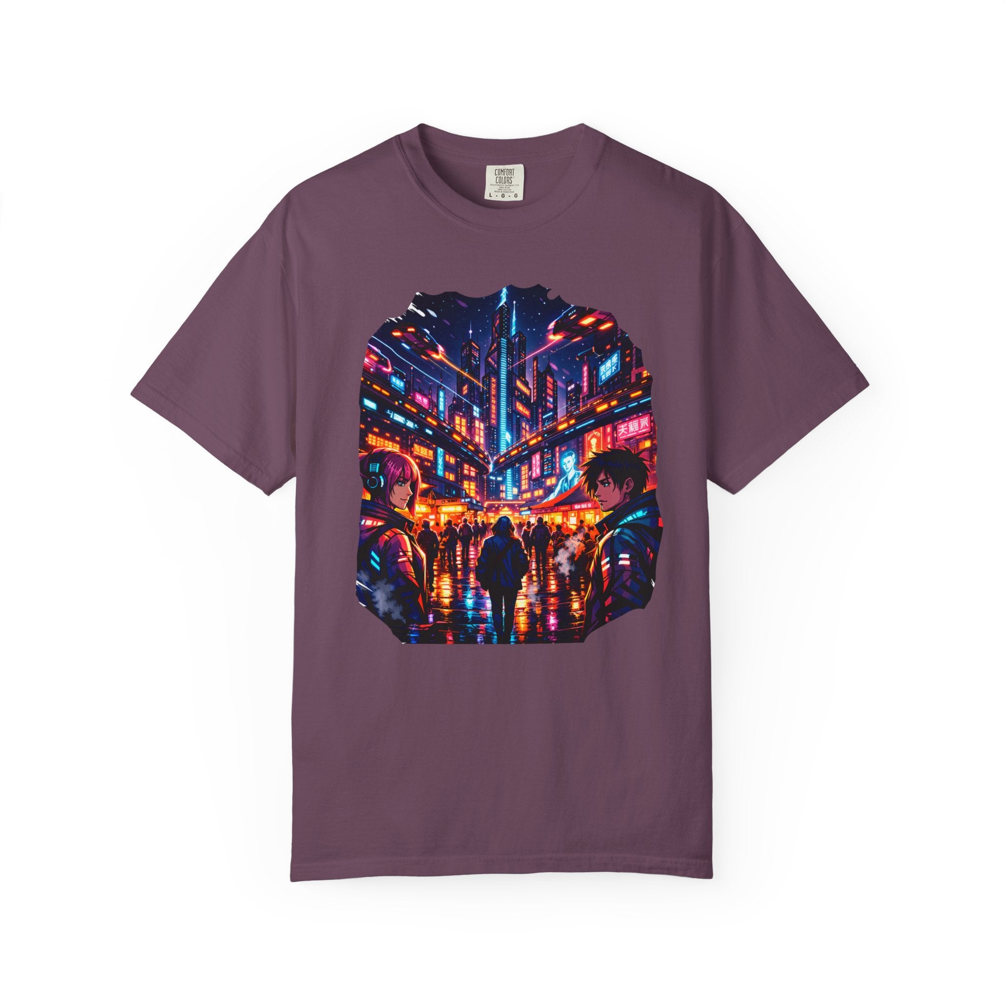 PRB Neon Cyberpunk Cityscape T-shirt | Anime Night Rain Streets by Power Runs Black