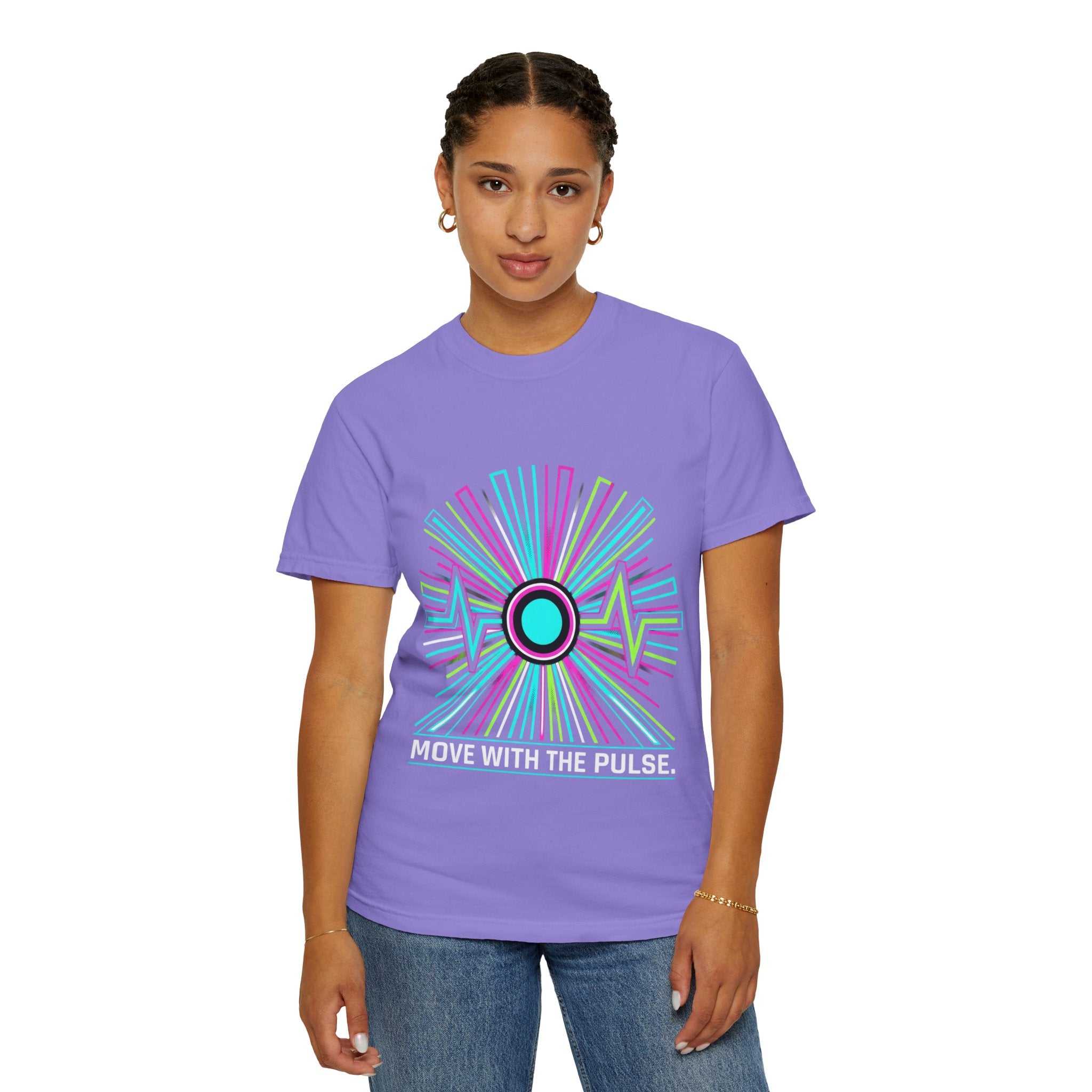 Power Runs Black PRB Electric "Move With Pulse" Graphic T-Shirt — Neon Sunburst Design by Power Runs Black