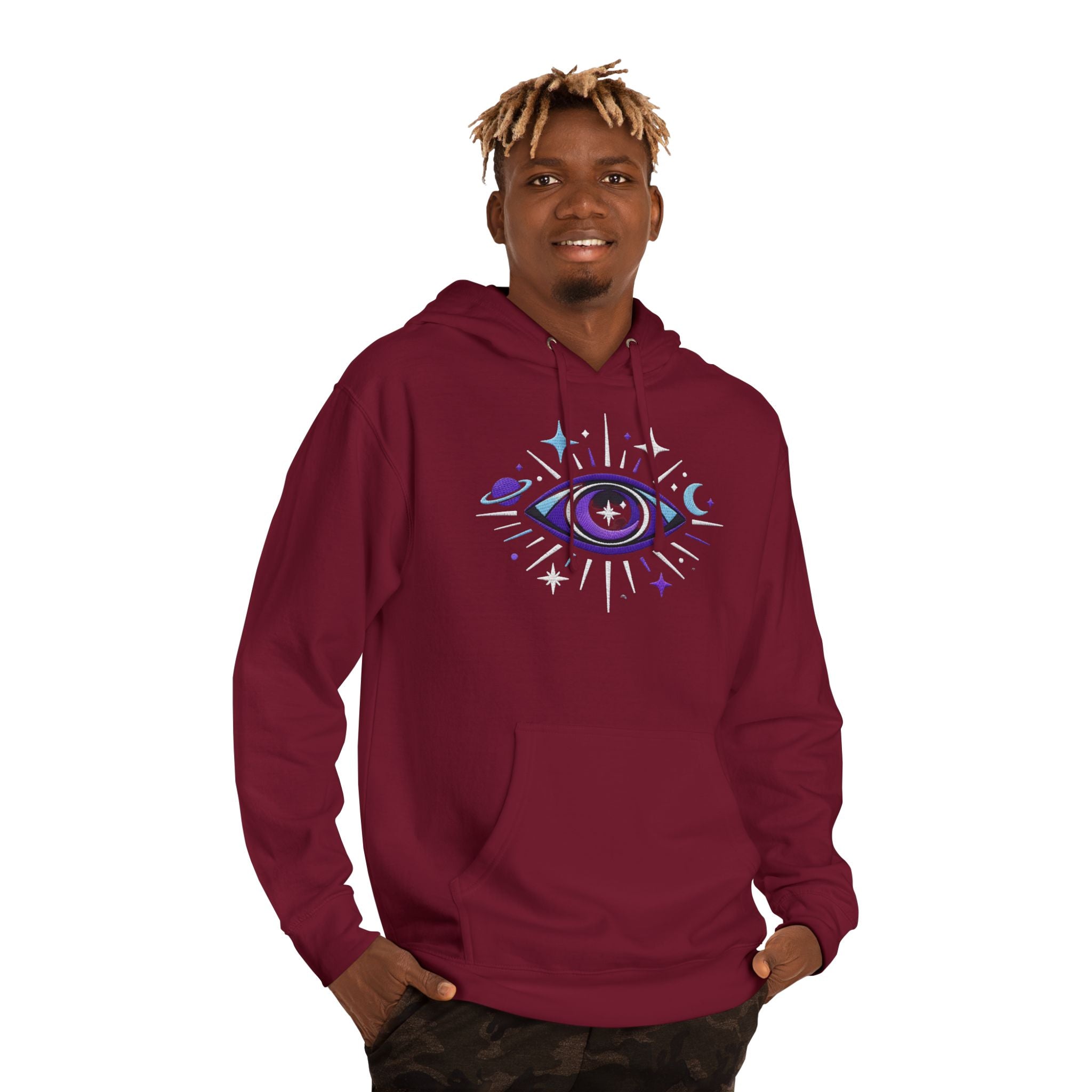 PRB Mystic Purple All-Seeing Eye Hoodie | Celestial Stars Moon by Power Runs Black
