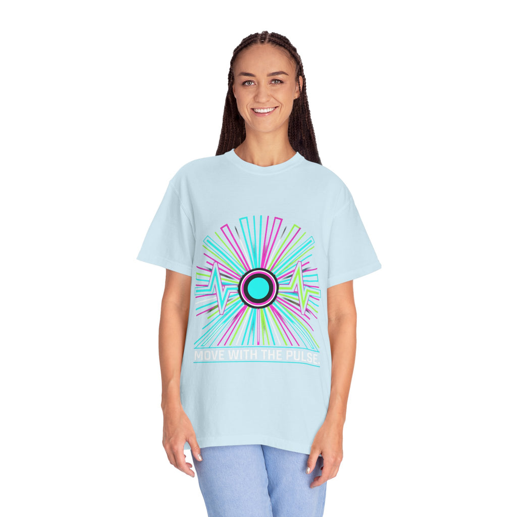 Power Runs Black PRB Electric "Move With Pulse" Graphic T-Shirt — Neon Sunburst Design by Power Runs Black