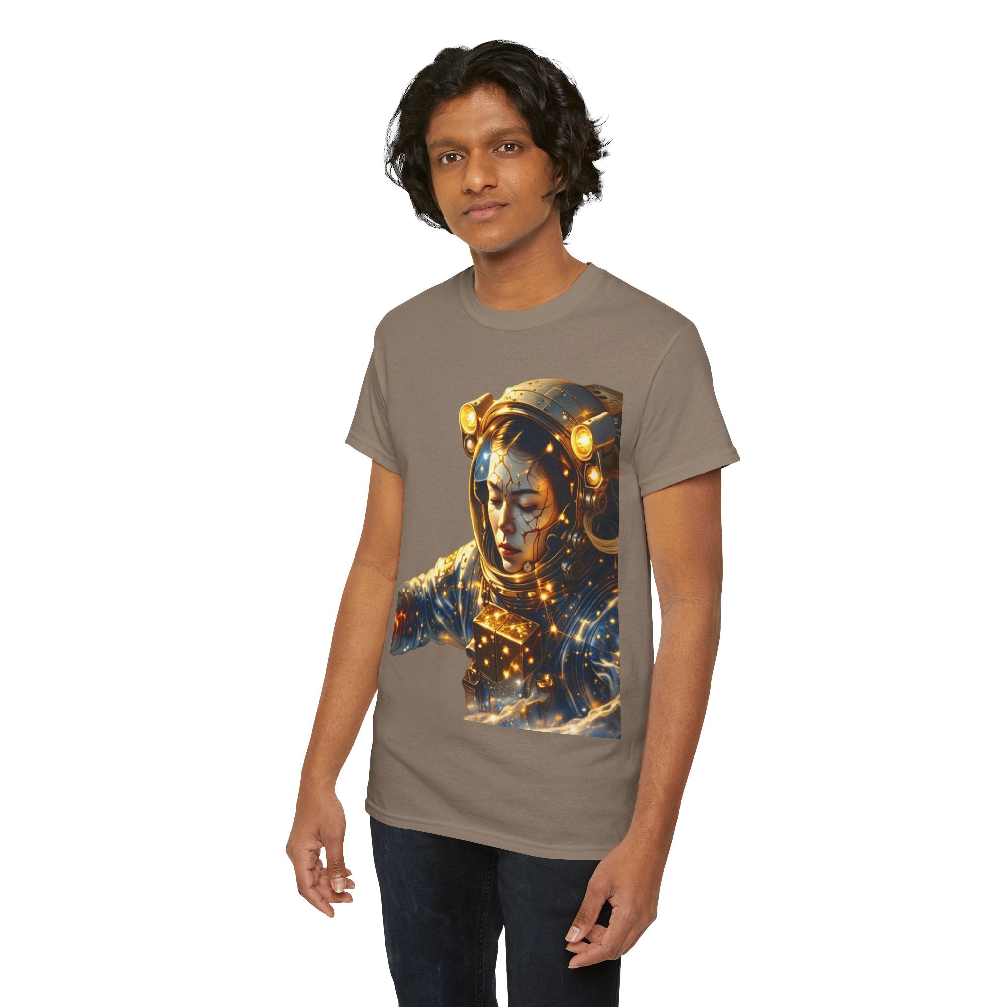 Power Runs Black PRB Golden Astronaut Portrait T-Shirt | Space Helmet Art, Cosmic Lights by Printify