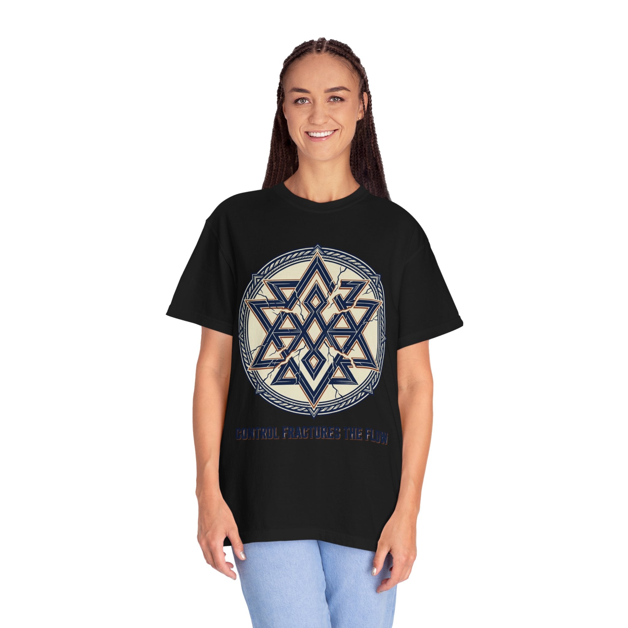 Power Runs Black PRB Geometric Star Mandala T-Shirt — "Control Fractures the Flow" Graphic Tee by Power Runs Black