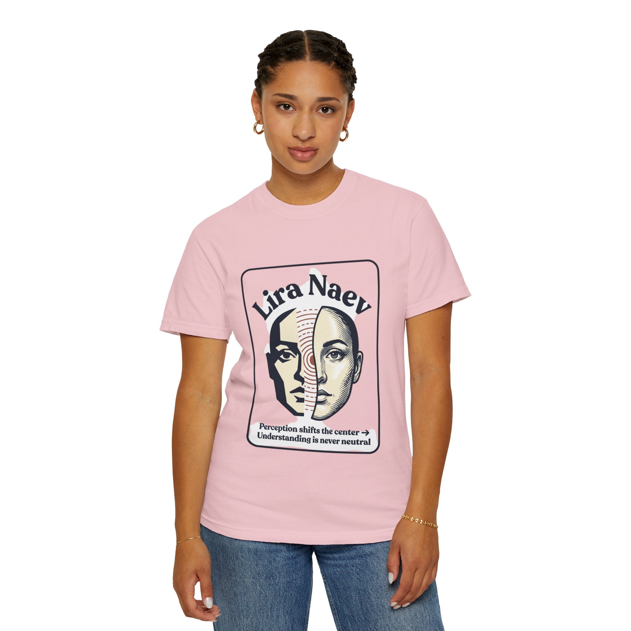 Power Runs Black PRB Lira Naev Split-Face Graphic T-Shirt — “Perception shifts the center” Statement Tee by Printify