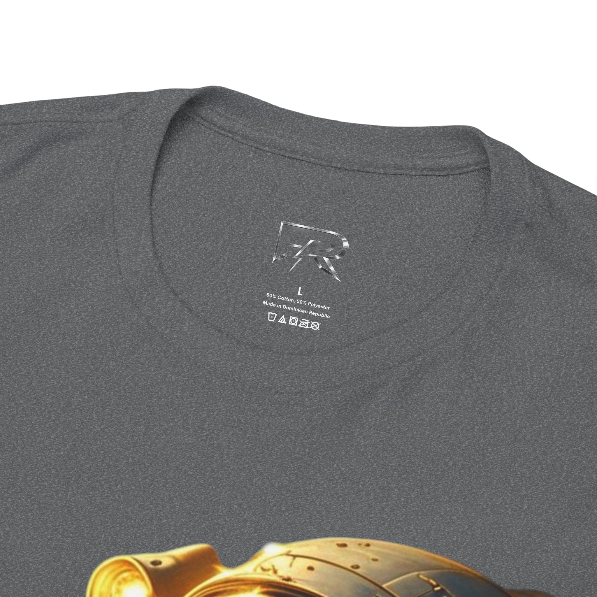 Power Runs Black PRB Golden Astronaut Portrait T-Shirt | Space Helmet Art, Cosmic Lights by Printify