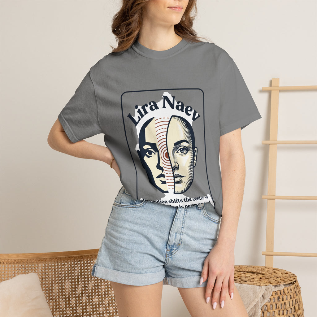 Power Runs Black PRB Lira Naev Split-Face Graphic T-Shirt — “Perception shifts the center” Statement Tee by Printify
