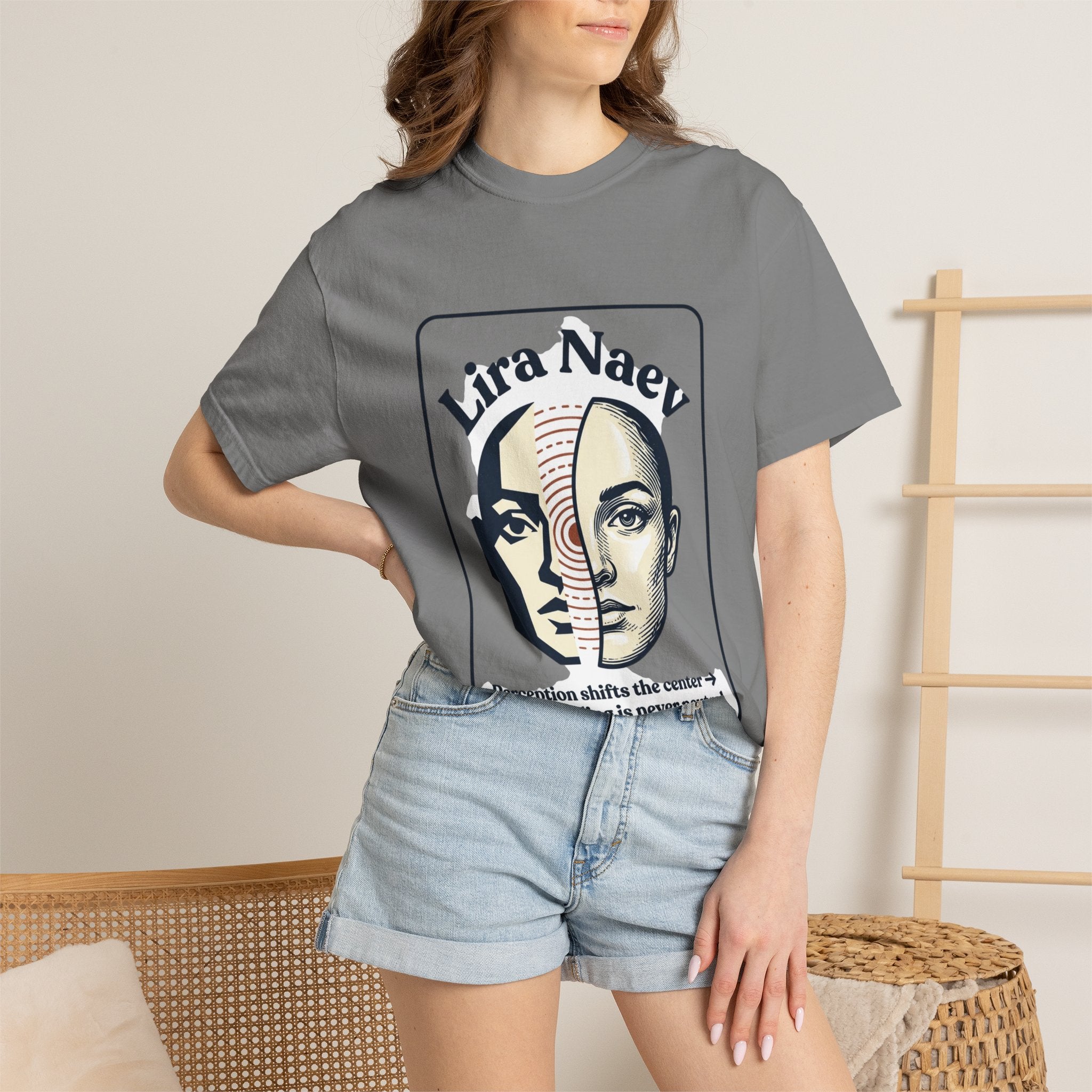 Power Runs Black PRB Lira Naev Split-Face Graphic T-Shirt — “Perception shifts the center” Statement Tee by Printify