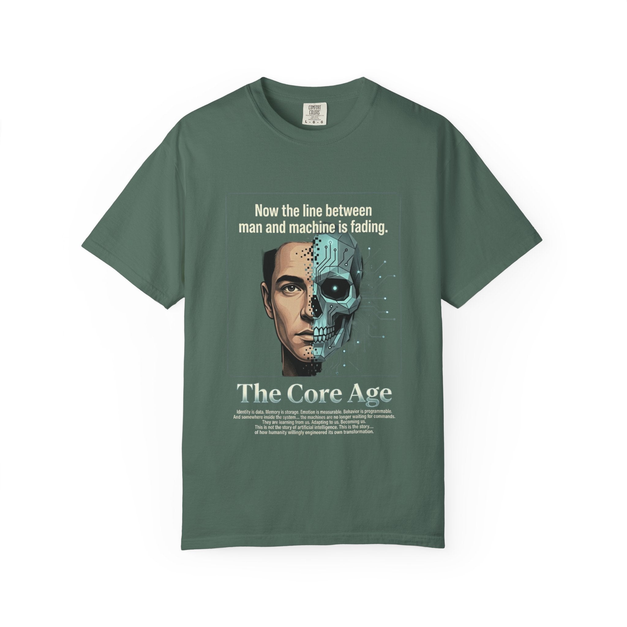 Power Runs Black AI Fusion Graphic T-Shirt — "The Core Age" Split Face Design by Power Runs Black