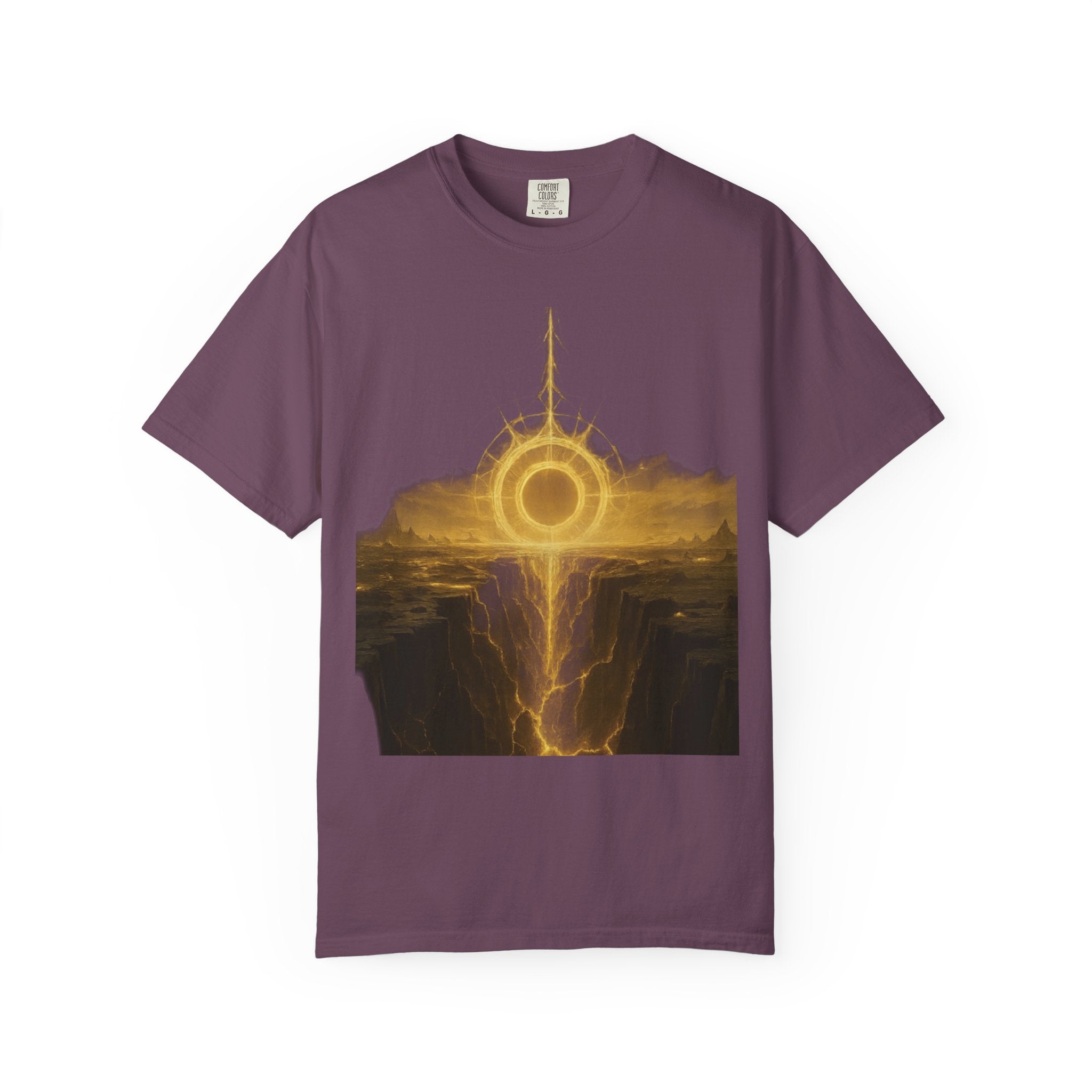 Power Runs Black PRB Golden Eclipse Portal T-shirt | Fantasy Landscape, Mystic Ring, Tower Art by Power Runs Black