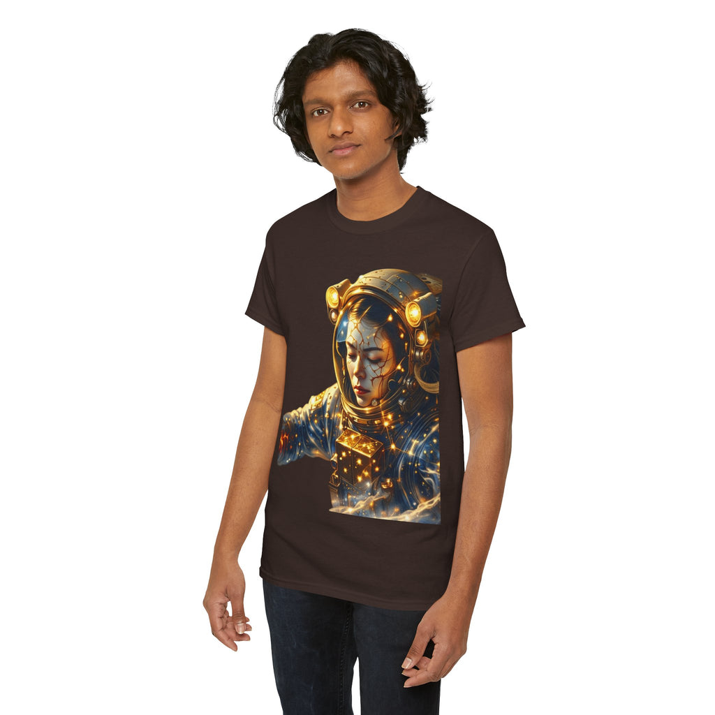 Power Runs Black PRB Golden Astronaut Portrait T-Shirt | Space Helmet Art, Cosmic Lights by Printify