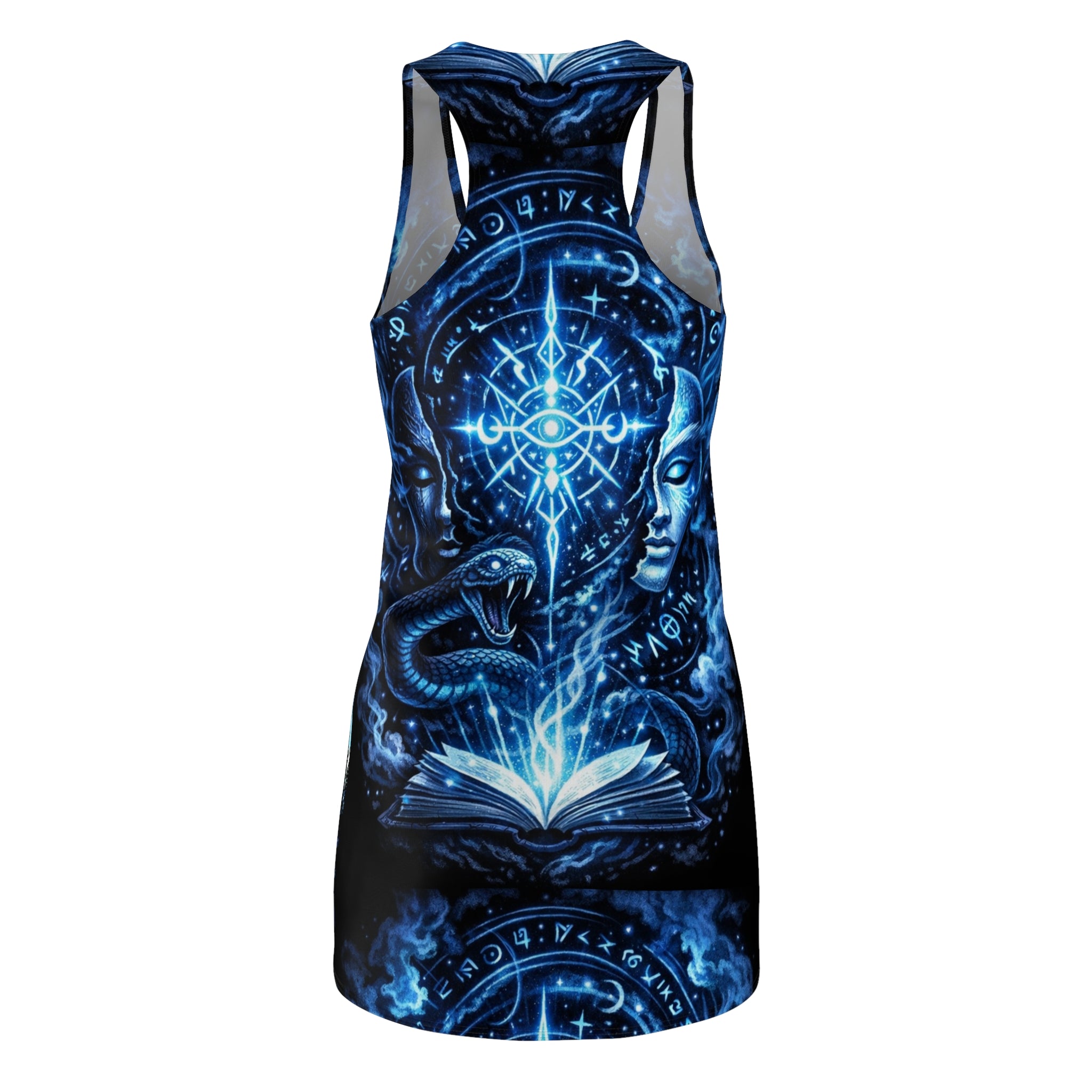 Pretty Rich Bitch The Collection by PRB Mystic Grimoire Racerback Dress — Blue Magic Book & Serpent Print by Power Runs Black