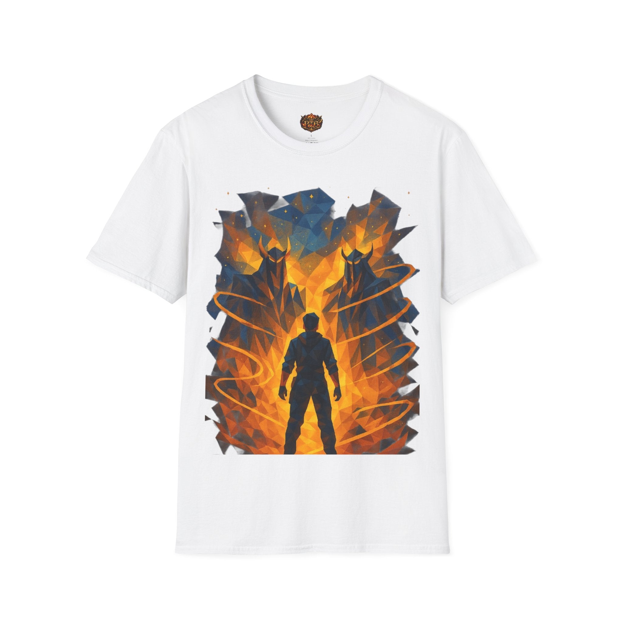 PRB Flame Silhouette Warrior T-Shirt | Fiery Geometric Backdrop by Power Runs Black